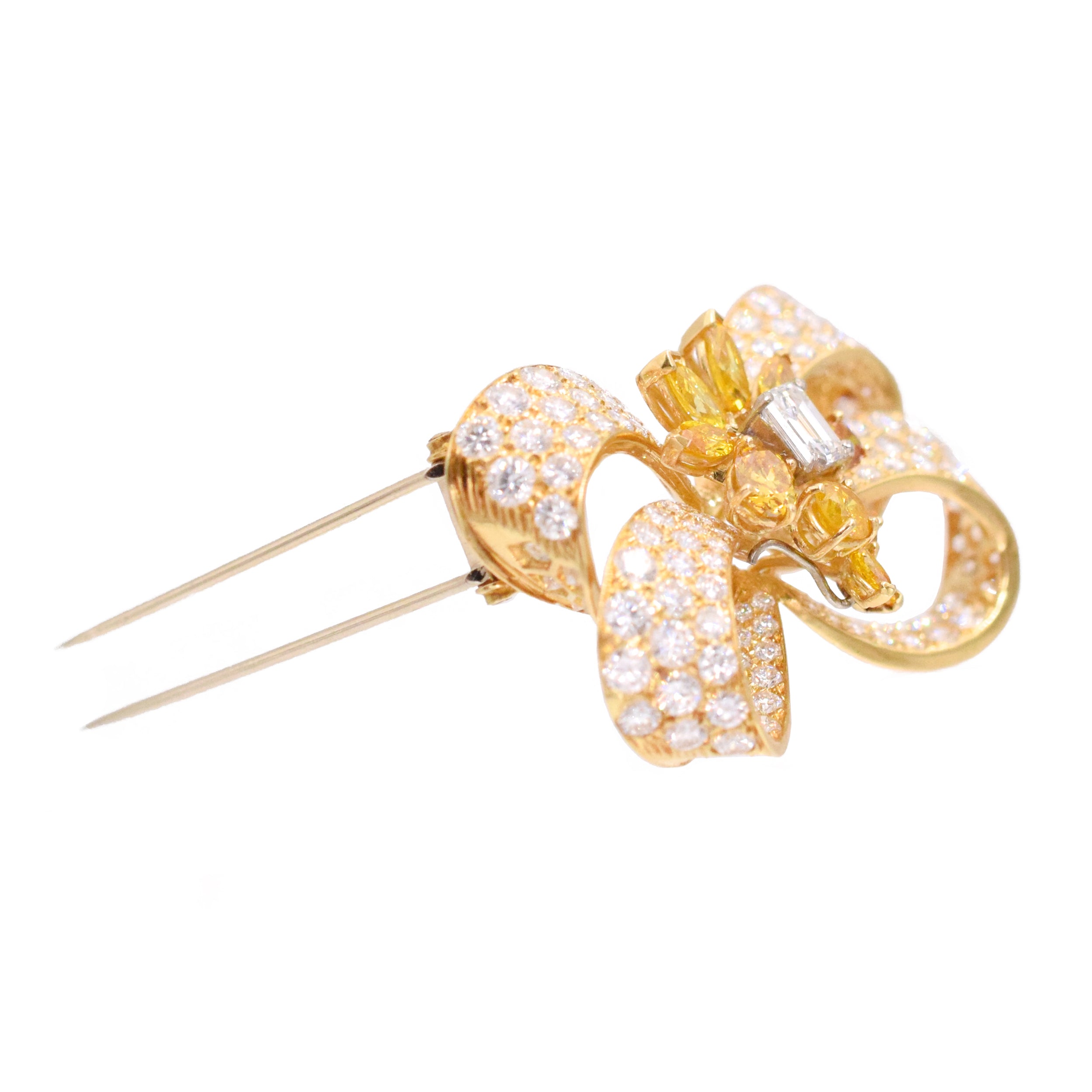 10.20ct Yellow & White Diamond Bow Brooch in 18k Yellow Gold