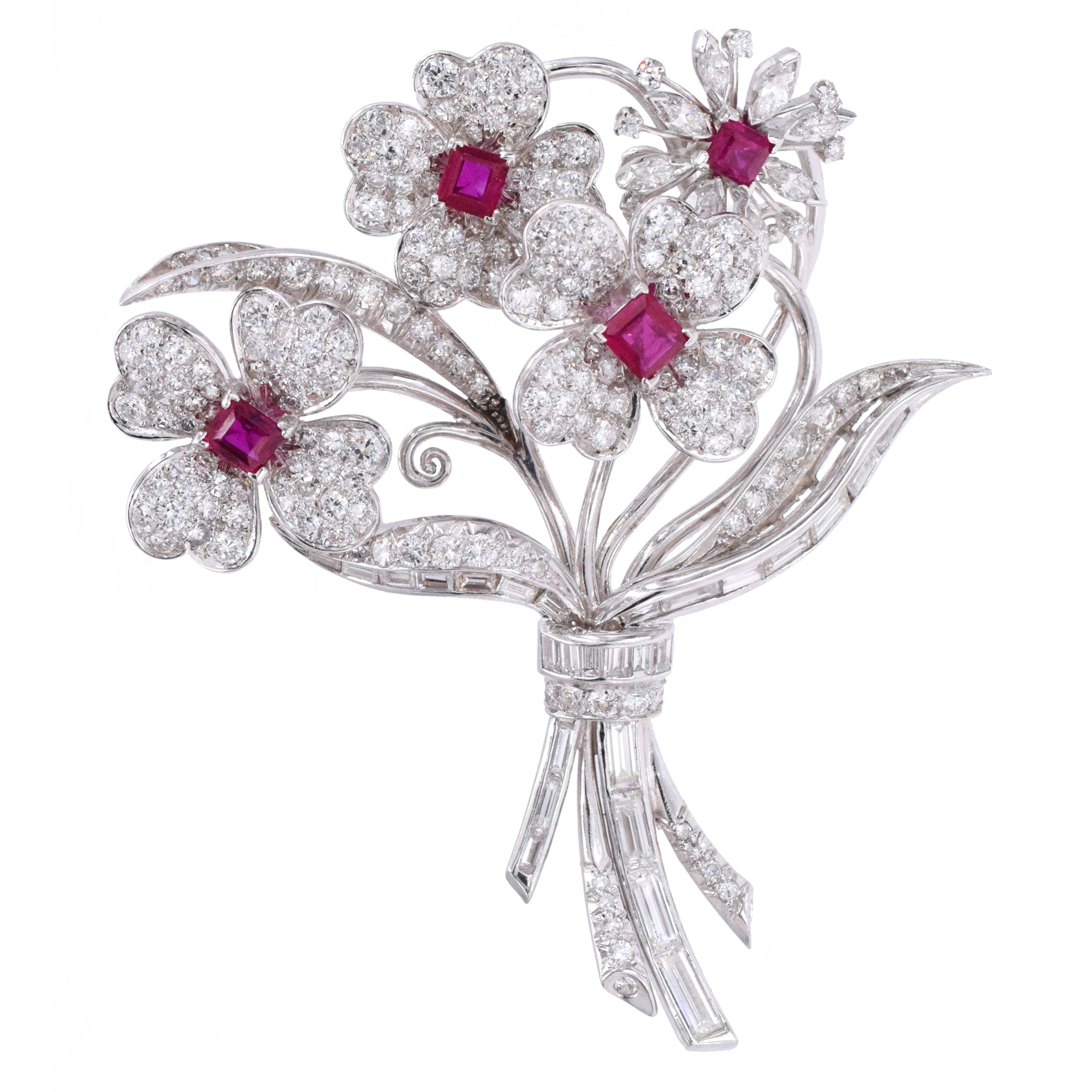 5.20ct Diamond & 1.50ct Ruby Flower Brooch in Platinum