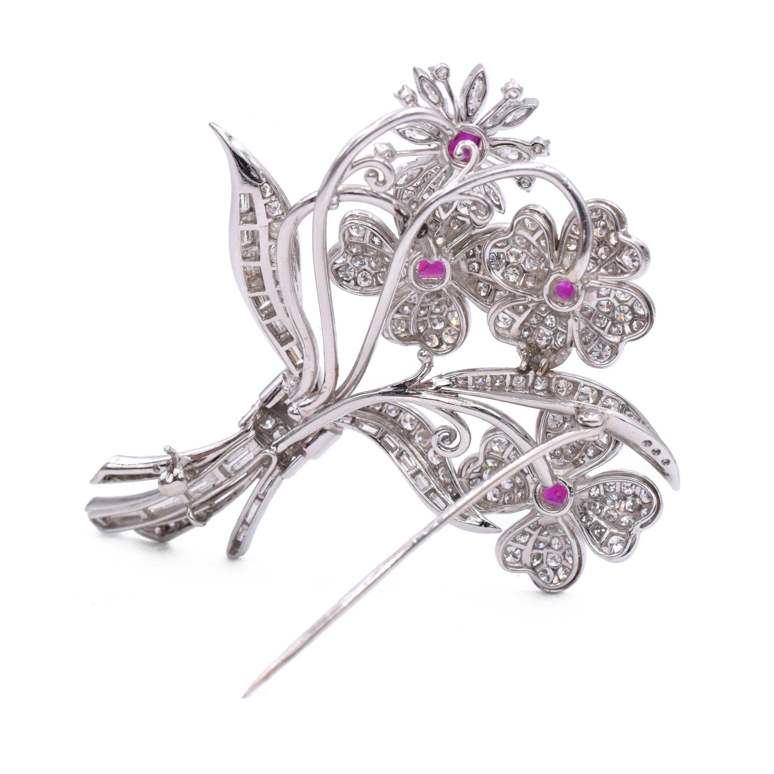 5.20ct Diamond & 1.50ct Ruby Flower Brooch in Platinum