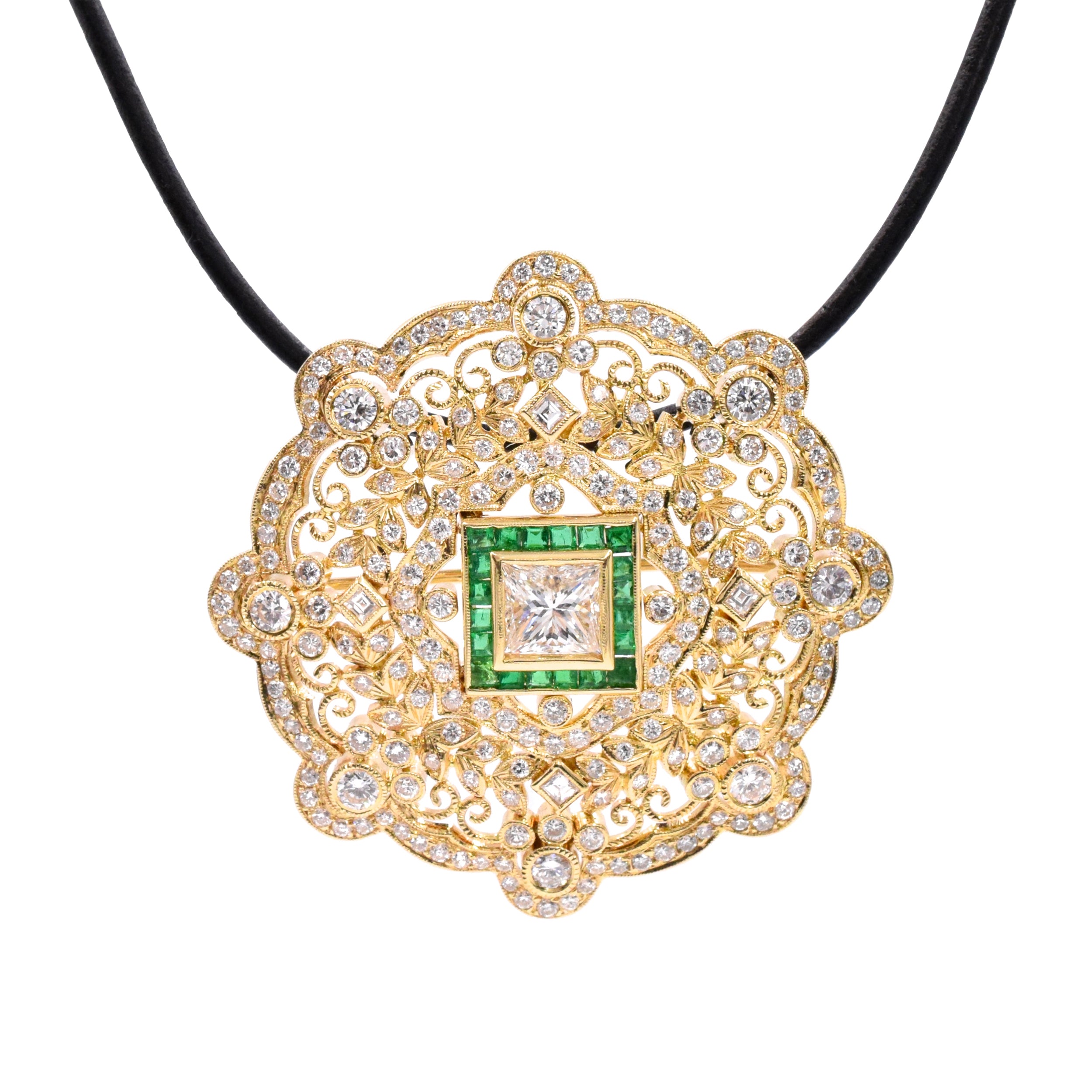5.30ct Diamond & 0.50ct Emerald Mandala Brooch & Pendant