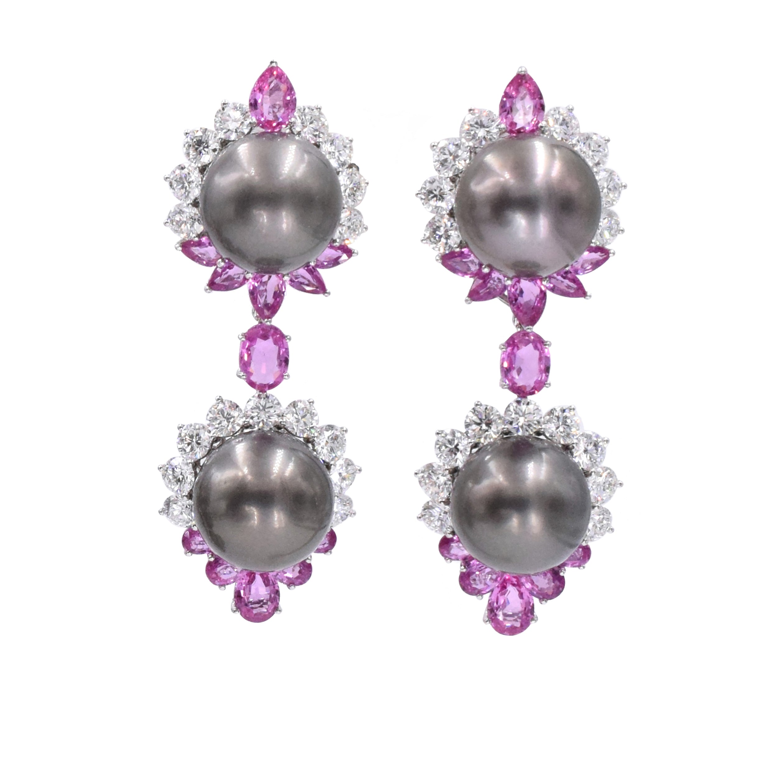 Pearl, 17.25ct Diamond, 18ct Pink Sapphires Pendant Earrings & Brooch Set