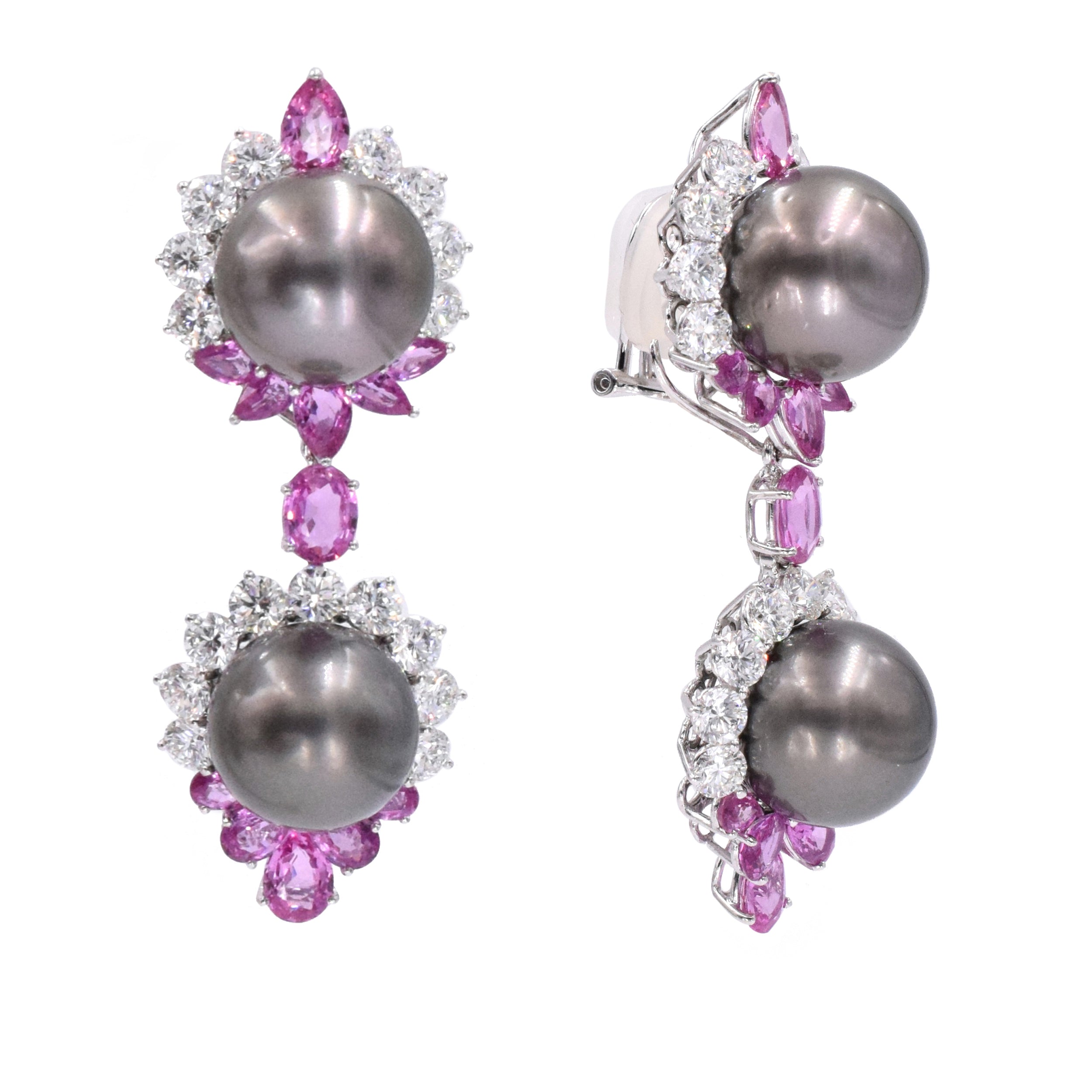 Pearl, 17.25ct Diamond, 18ct Pink Sapphires Pendant Earrings & Brooch Set