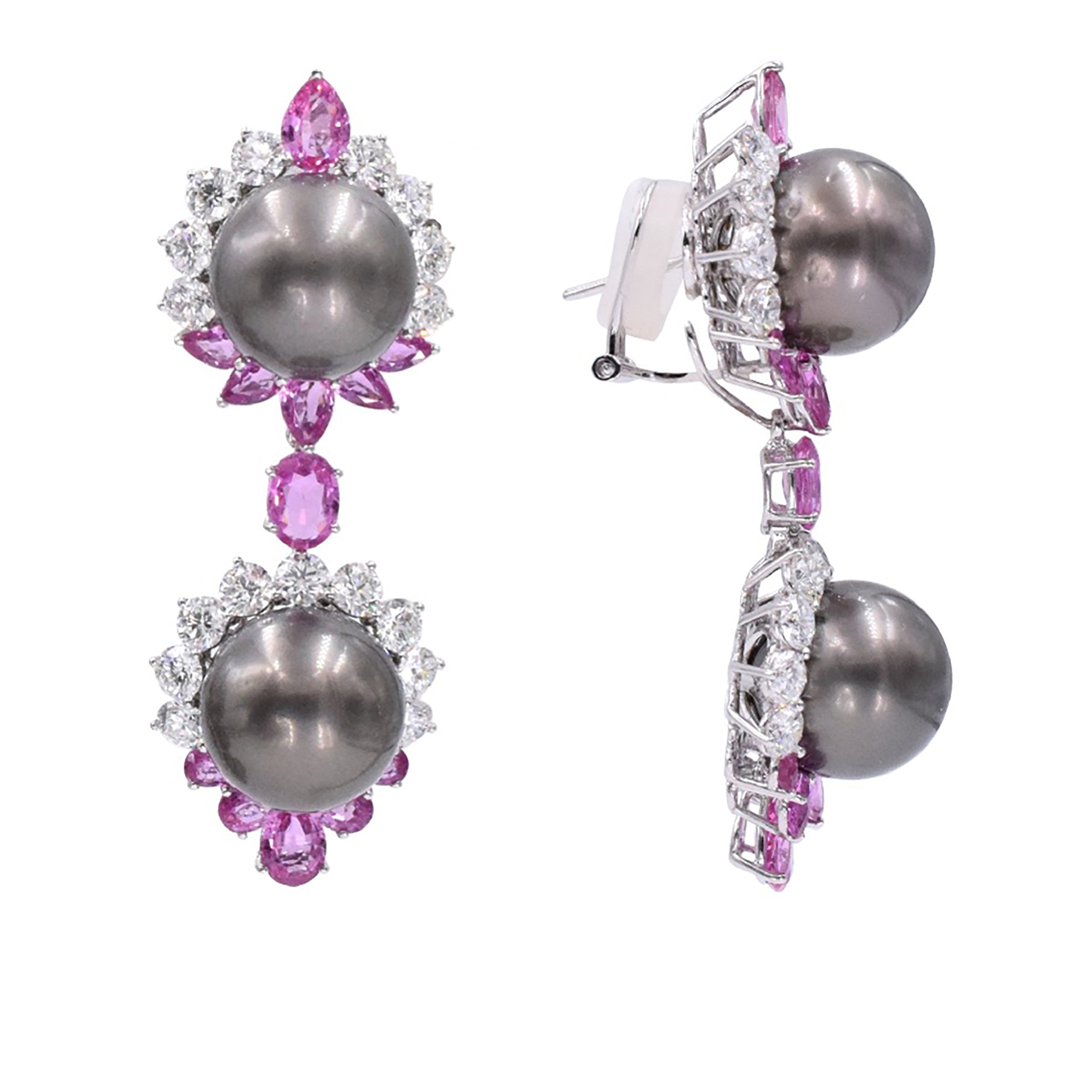 Pearl, 17.25ct Diamond, 18ct Pink Sapphires Pendant Earrings & Brooch Set