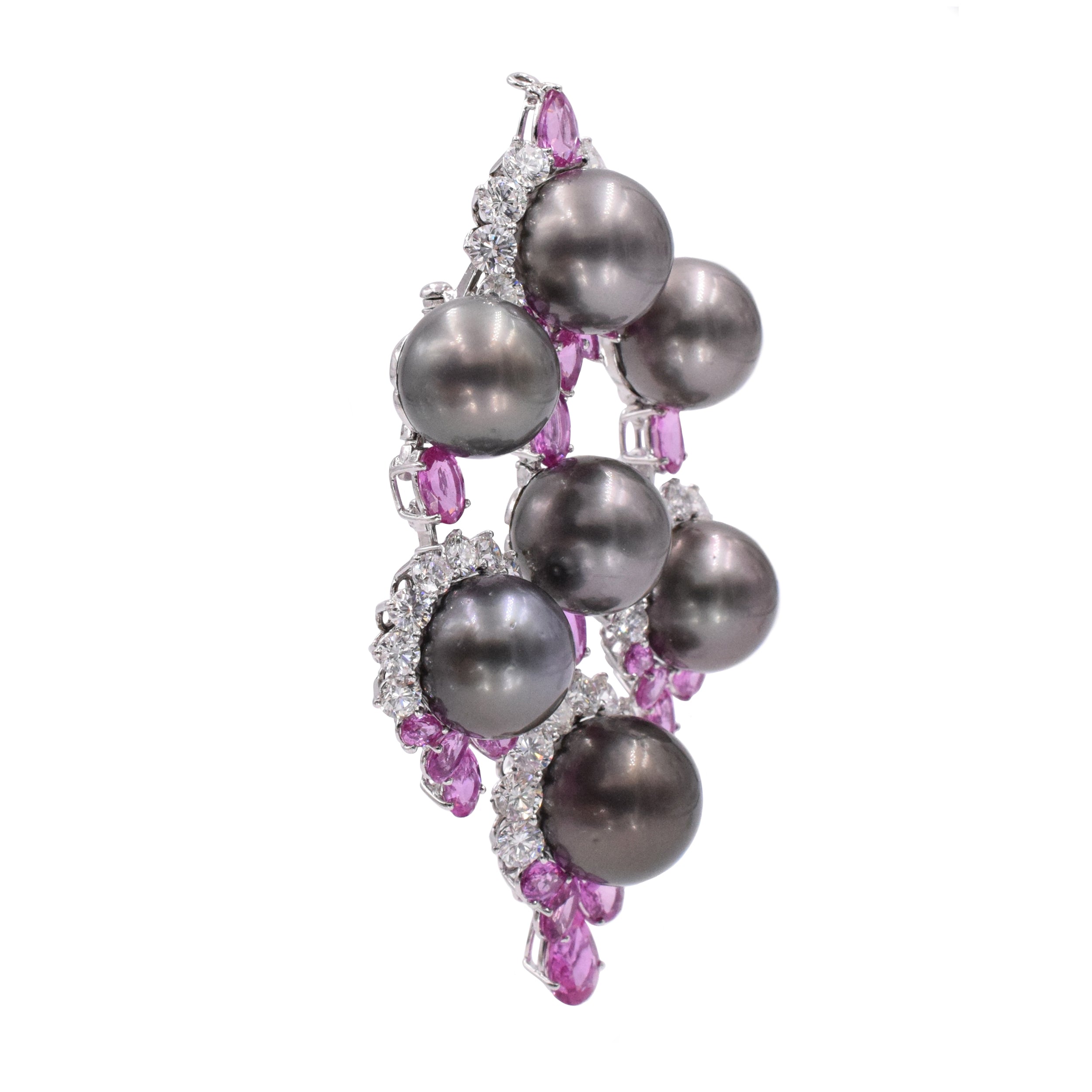 Pearl, 17.25ct Diamond, 18ct Pink Sapphires Pendant Earrings & Brooch Set