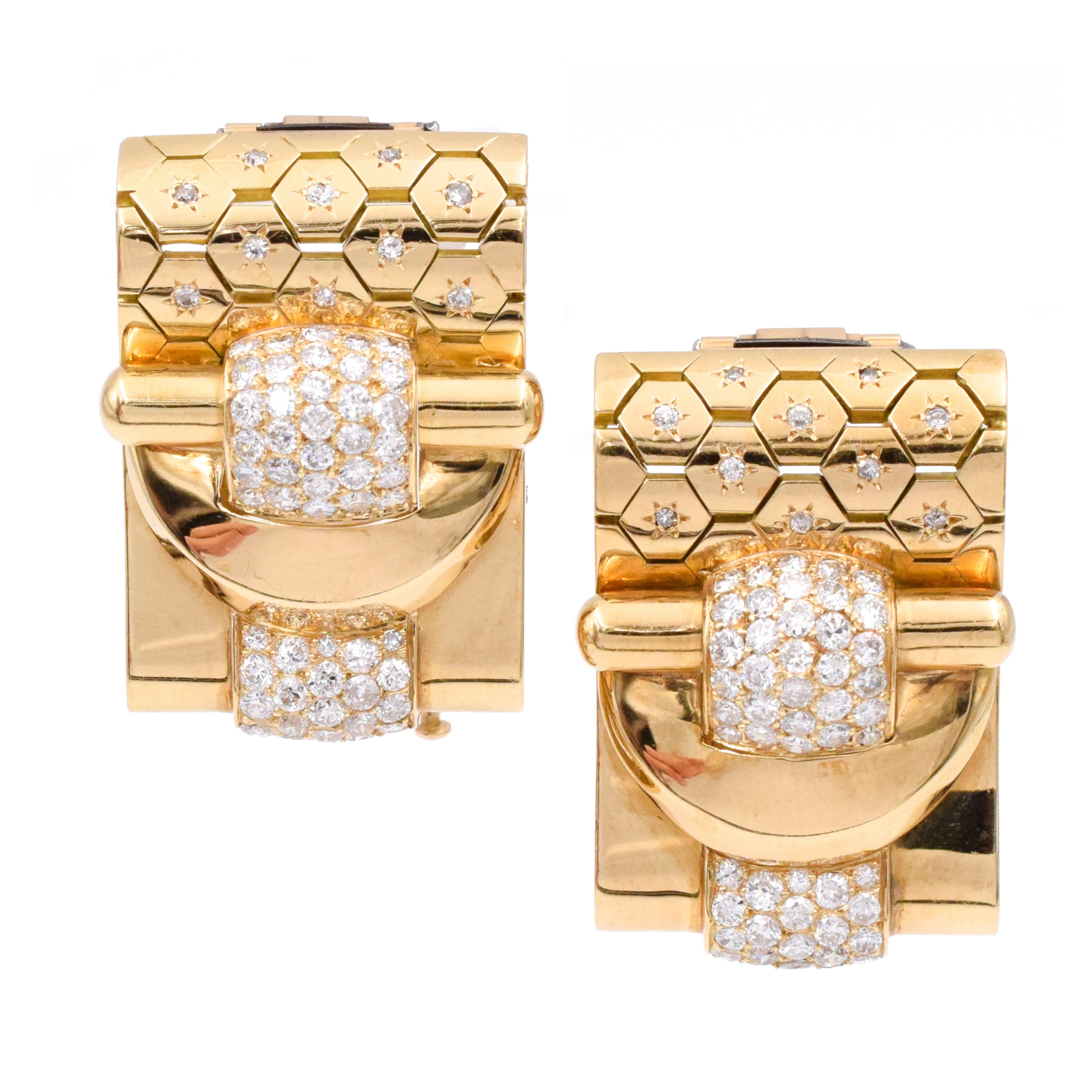 1940 Van Cleef & Arpels Retro Ludo Hexagone Diamond Gold Double Clips In 18k Yellow Gold