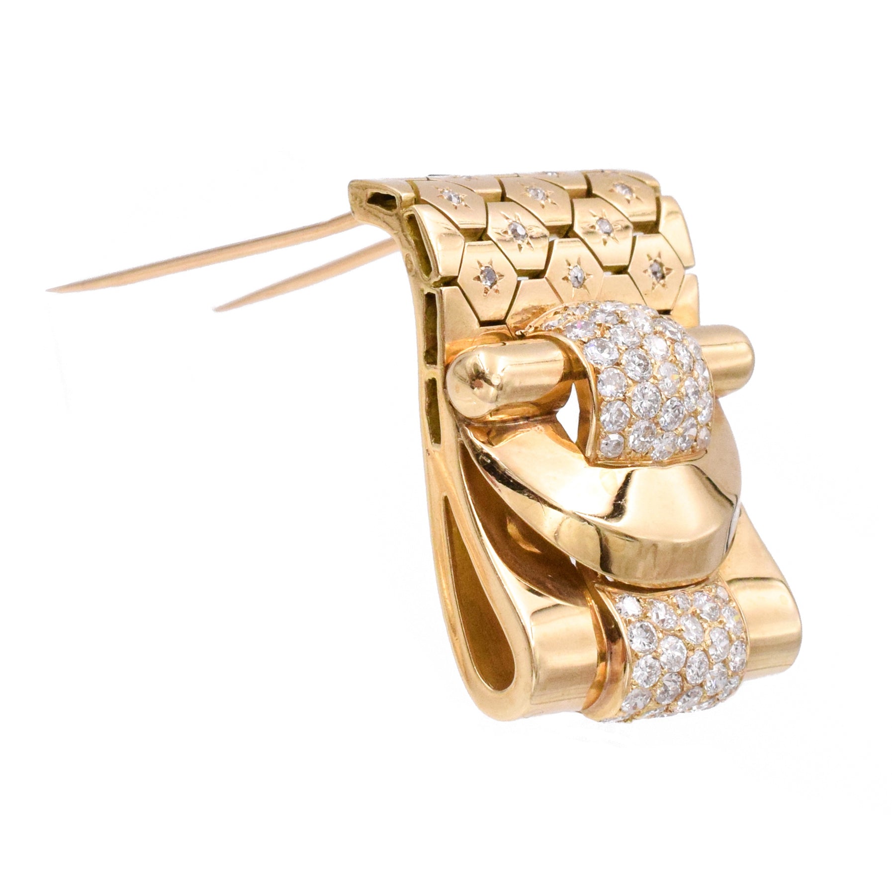 1940 Van Cleef & Arpels Retro Ludo Hexagone Diamond Gold Double Clips In 18k Yellow Gold