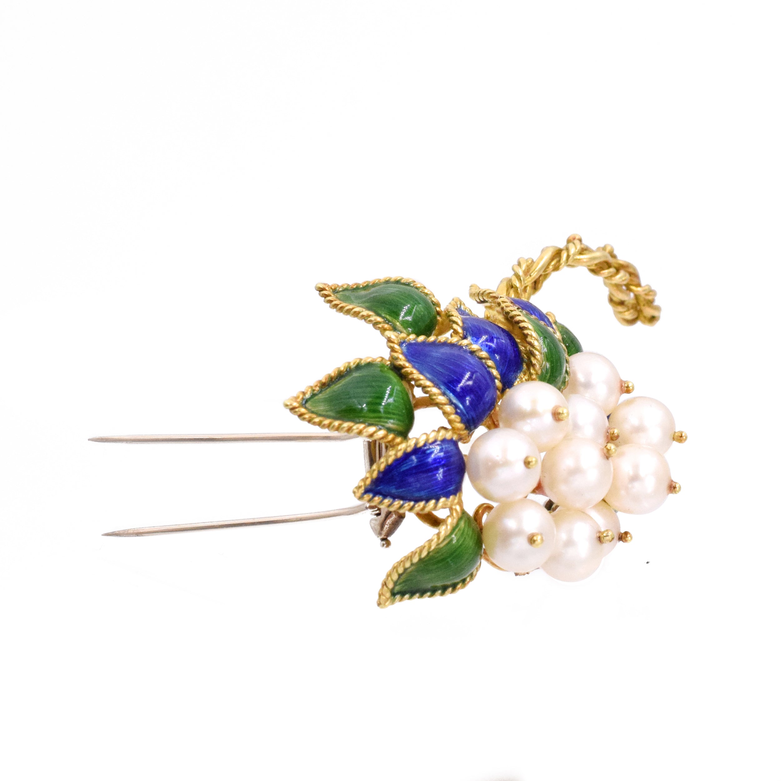 1950's Pearl & Enamel Flower Brooch in 18k Yellow Gold