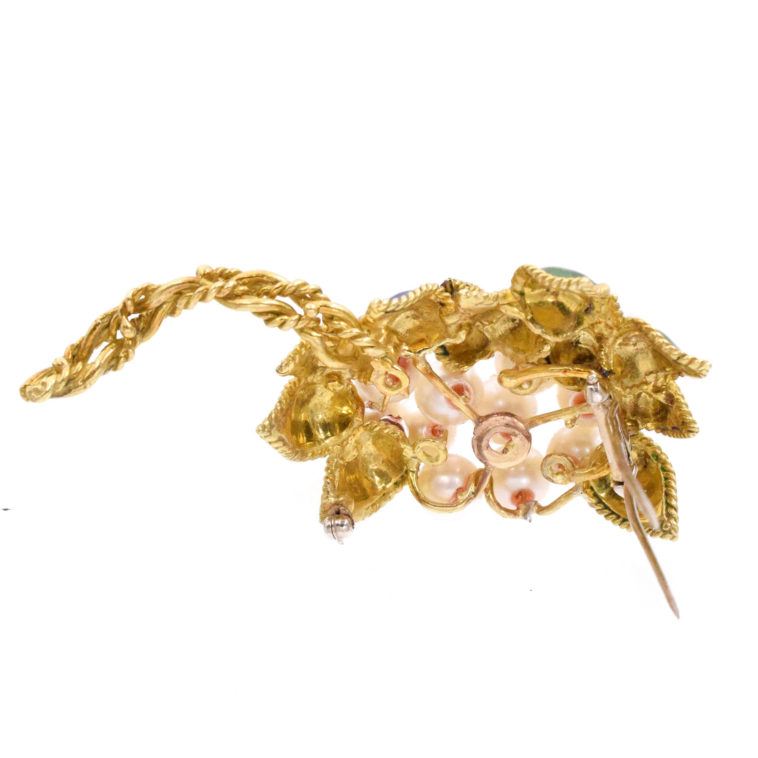 1950's Pearl & Enamel Flower Brooch in 18k Yellow Gold