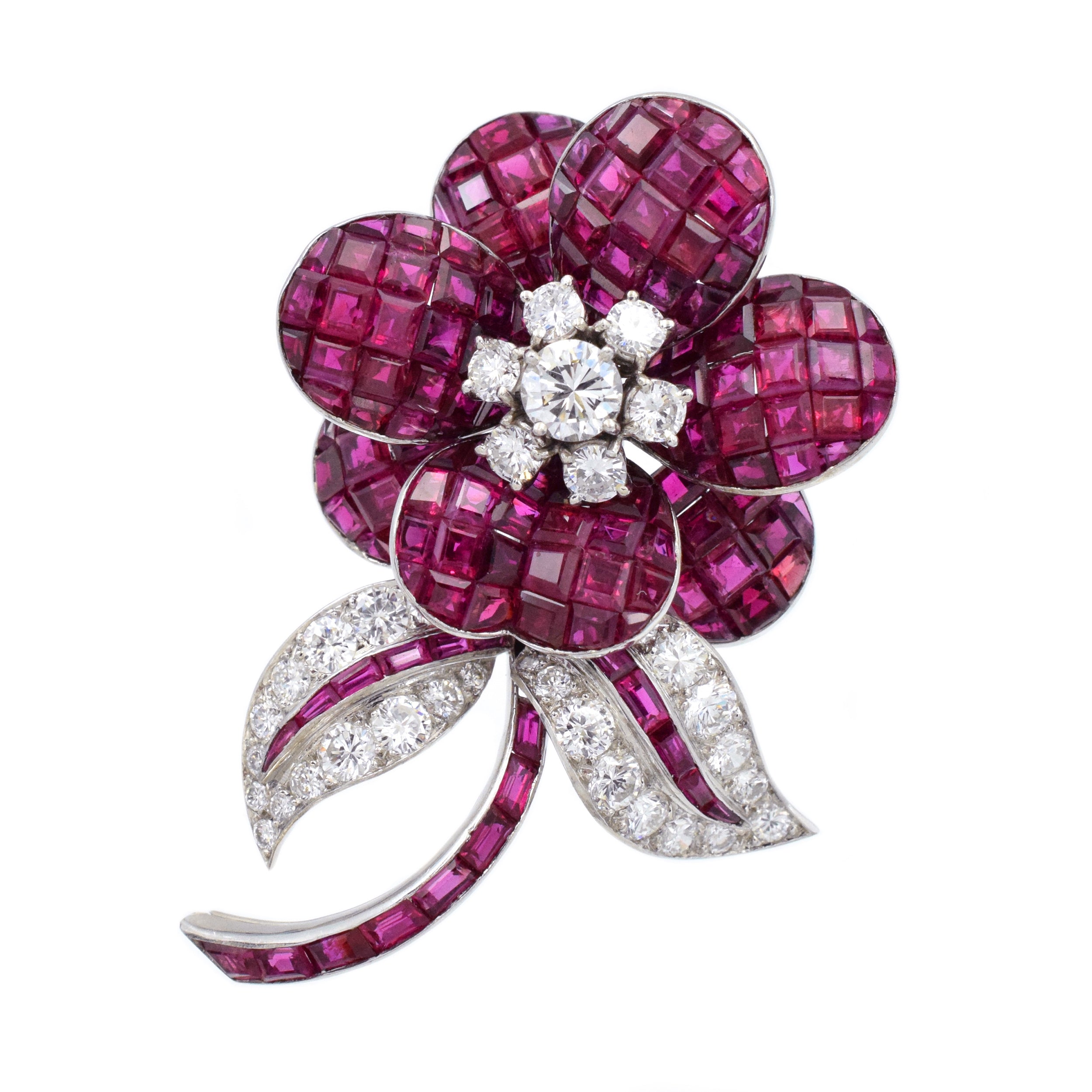 17ct Ruby & 3ct Diamond Brooch in 18k White Gold