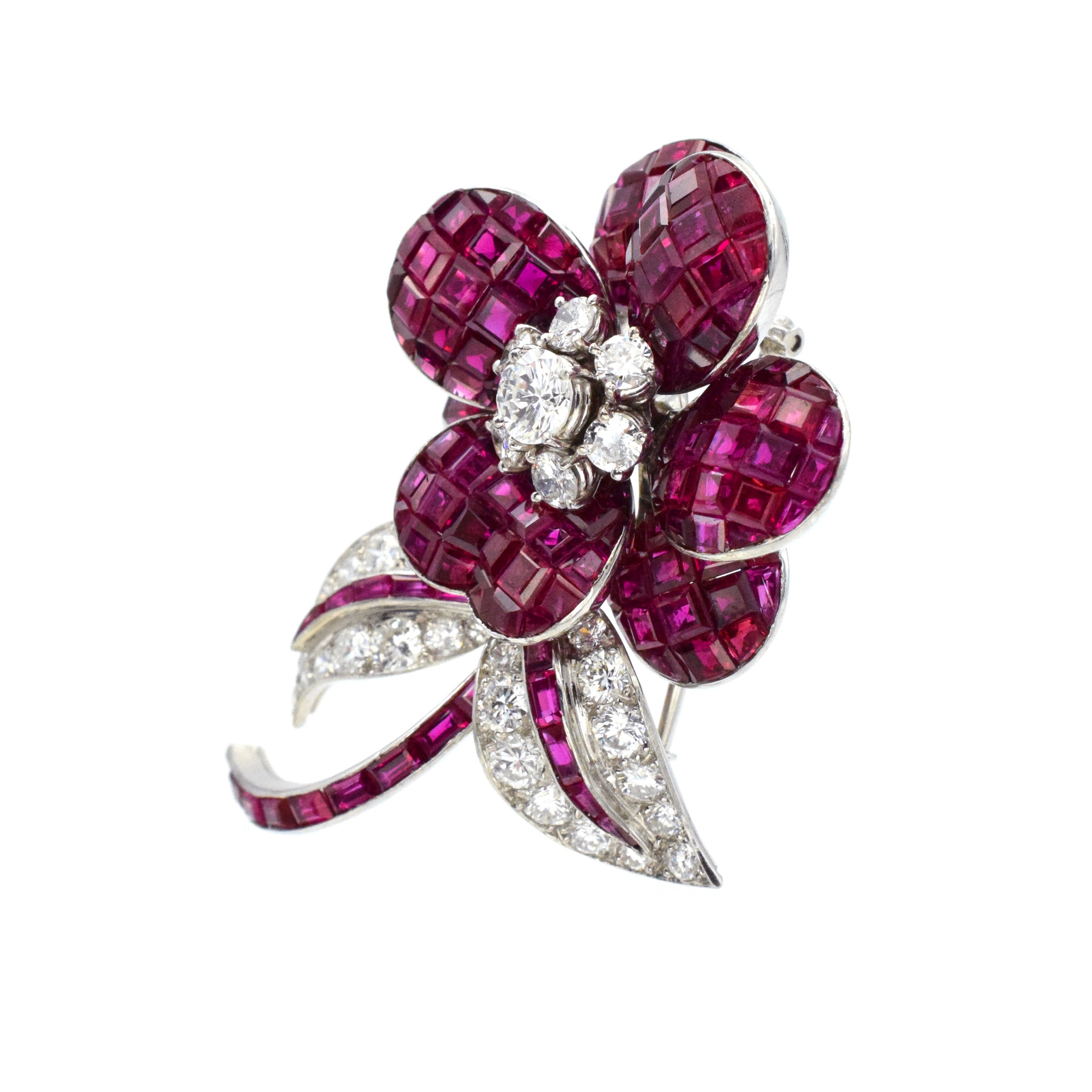 17ct Ruby & 3ct Diamond Brooch in 18k White Gold