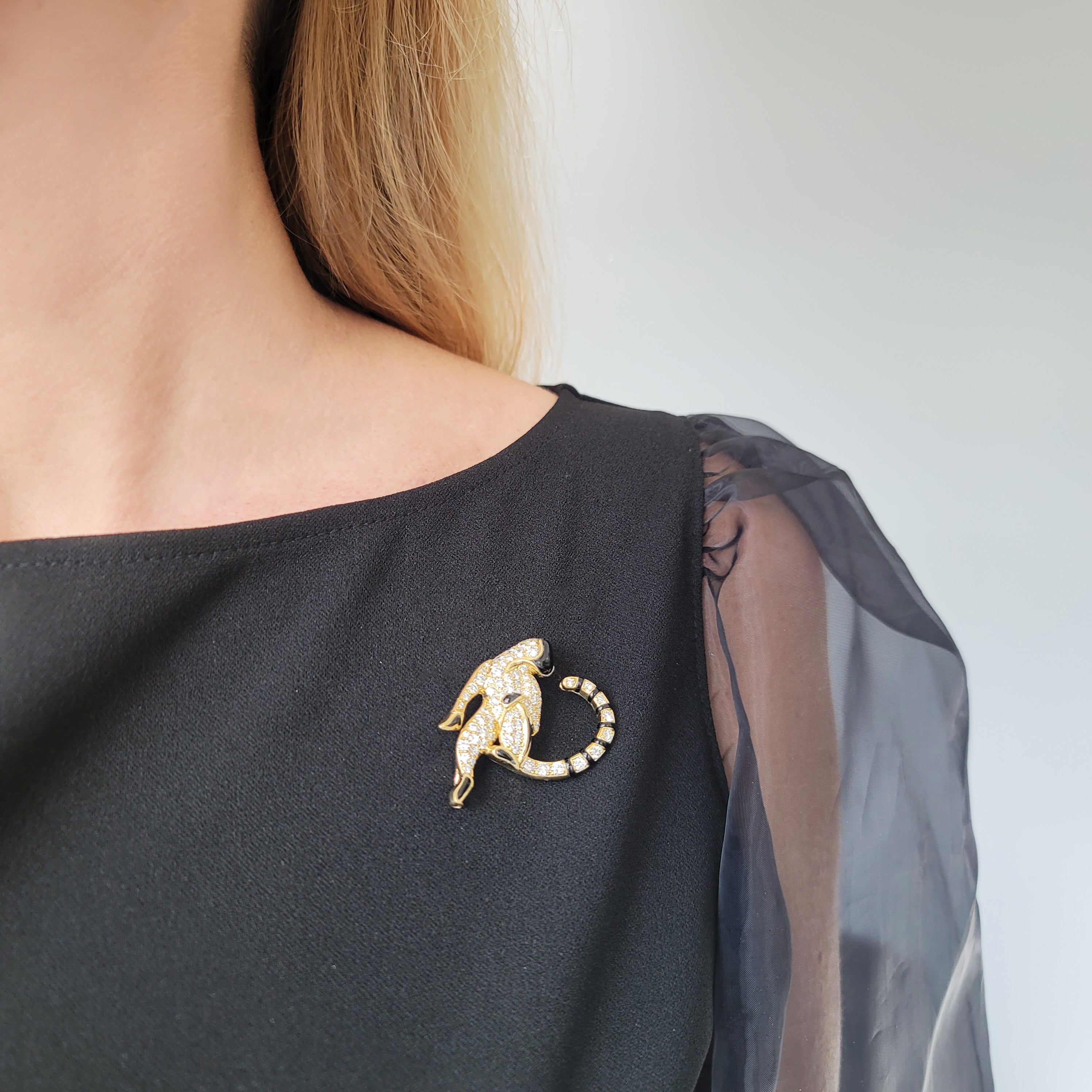 3ct Diamond & Onyx Lemur Brooch