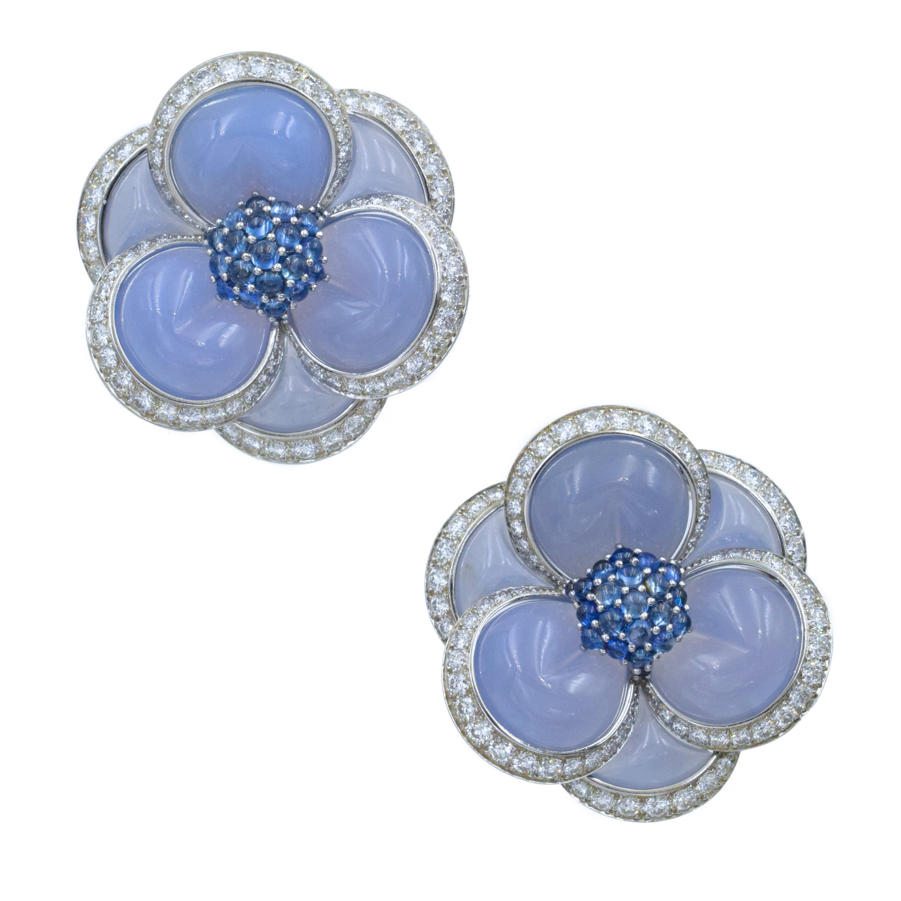 Van Cleef & Arpels Pair of Chalcedony, Sapphire & Diamond Gardenia Brooches In Platinum