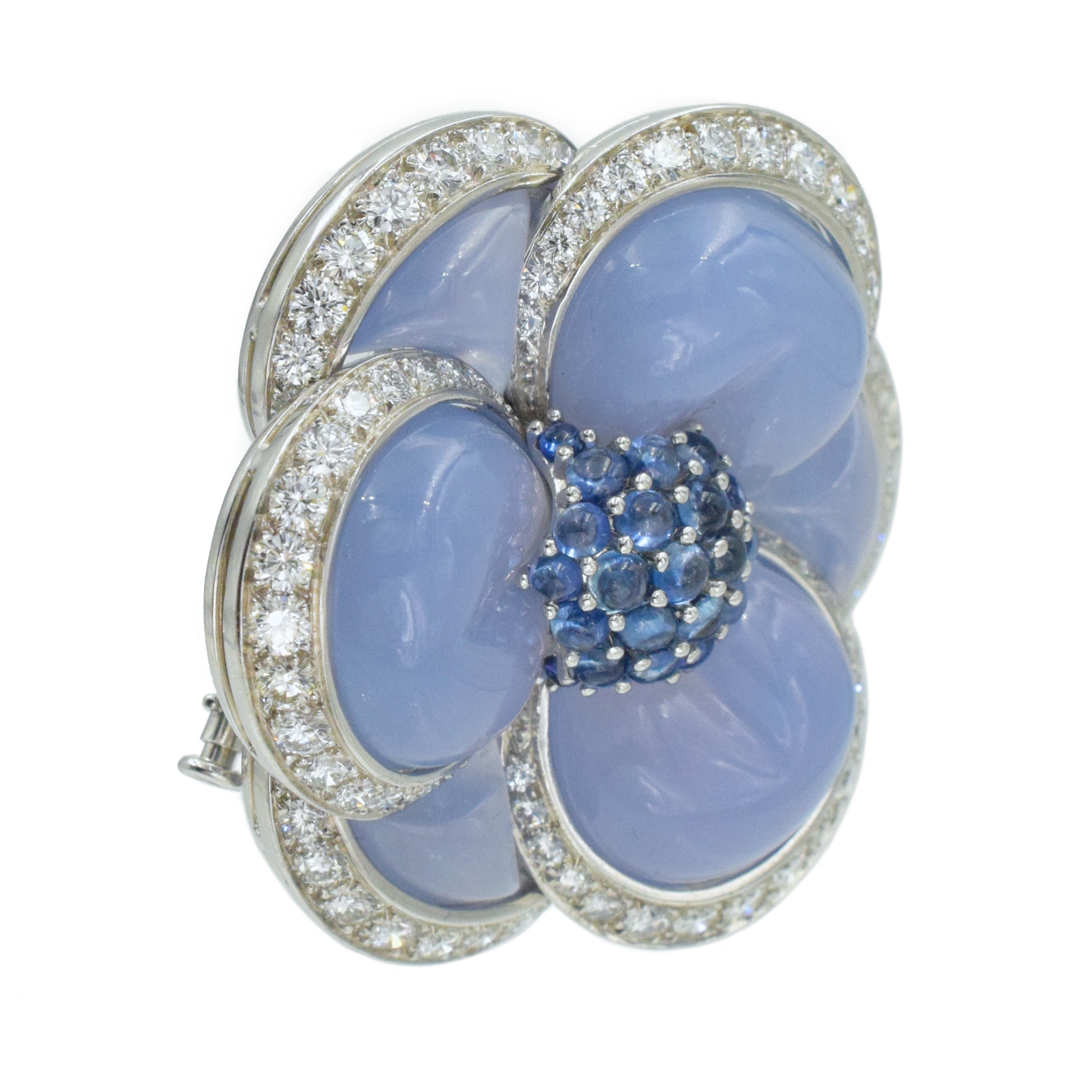 Van Cleef & Arpels Pair of Chalcedony, Sapphire & Diamond Gardenia Brooches In Platinum
