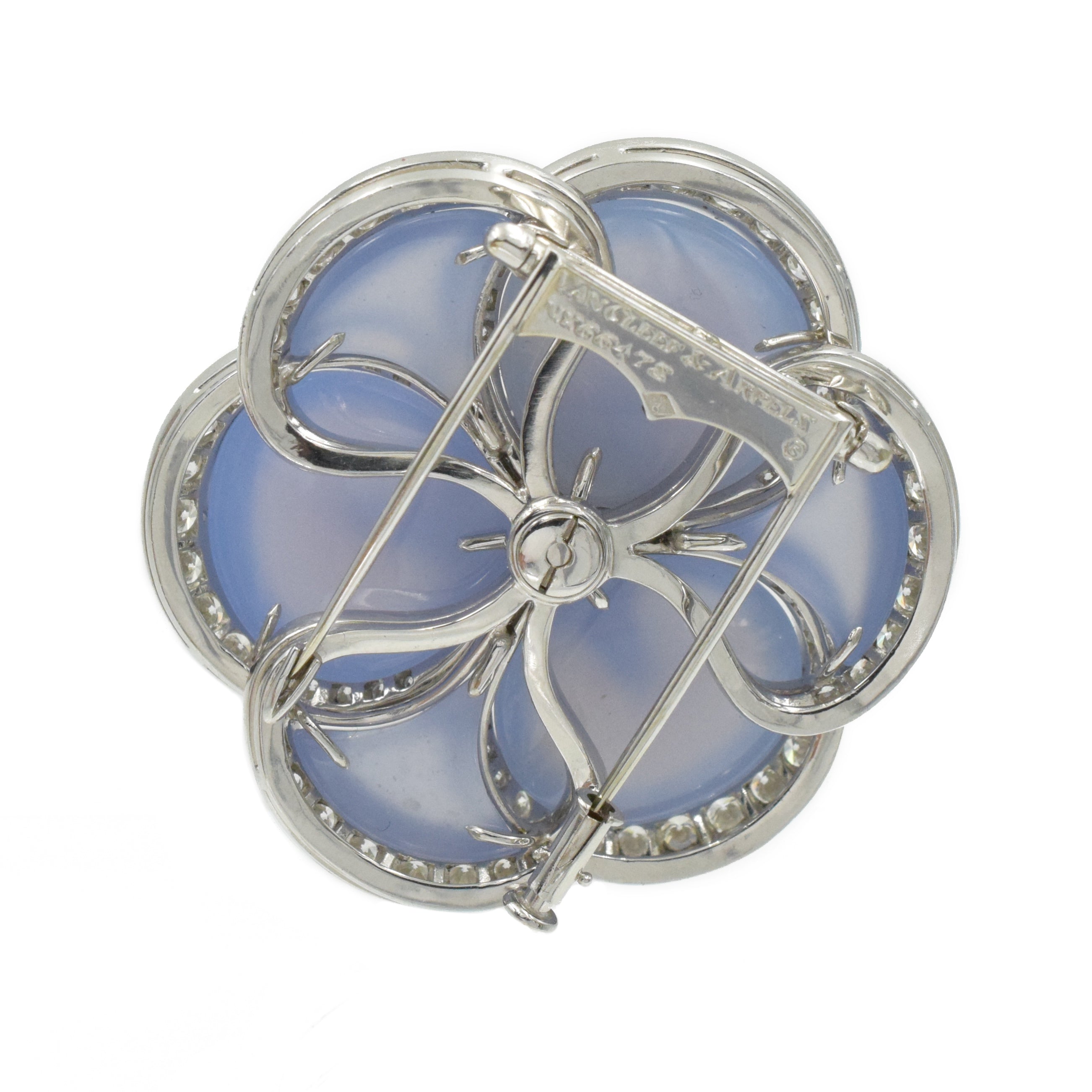 Van Cleef & Arpels Pair of Chalcedony, Sapphire & Diamond Gardenia Brooches In Platinum