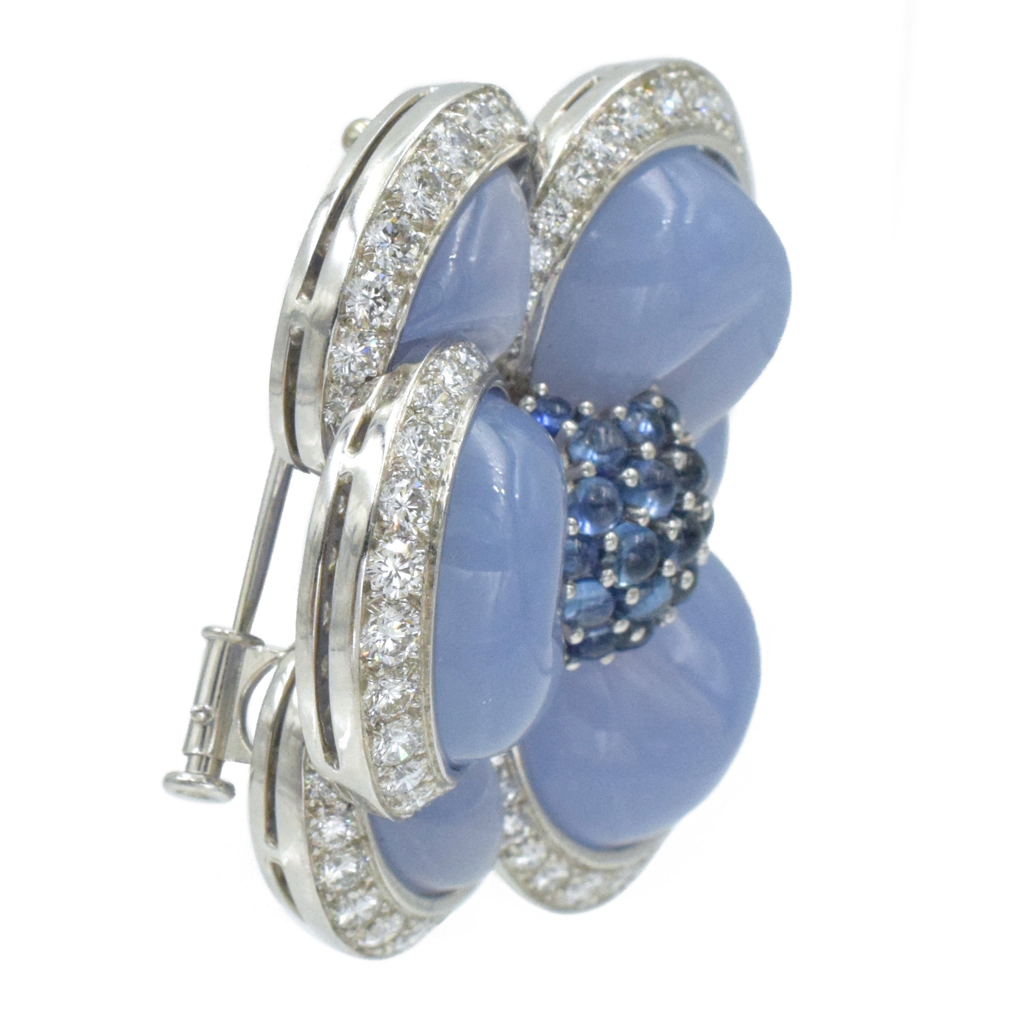 Van Cleef & Arpels Pair of Chalcedony, Sapphire & Diamond Gardenia Brooches In Platinum