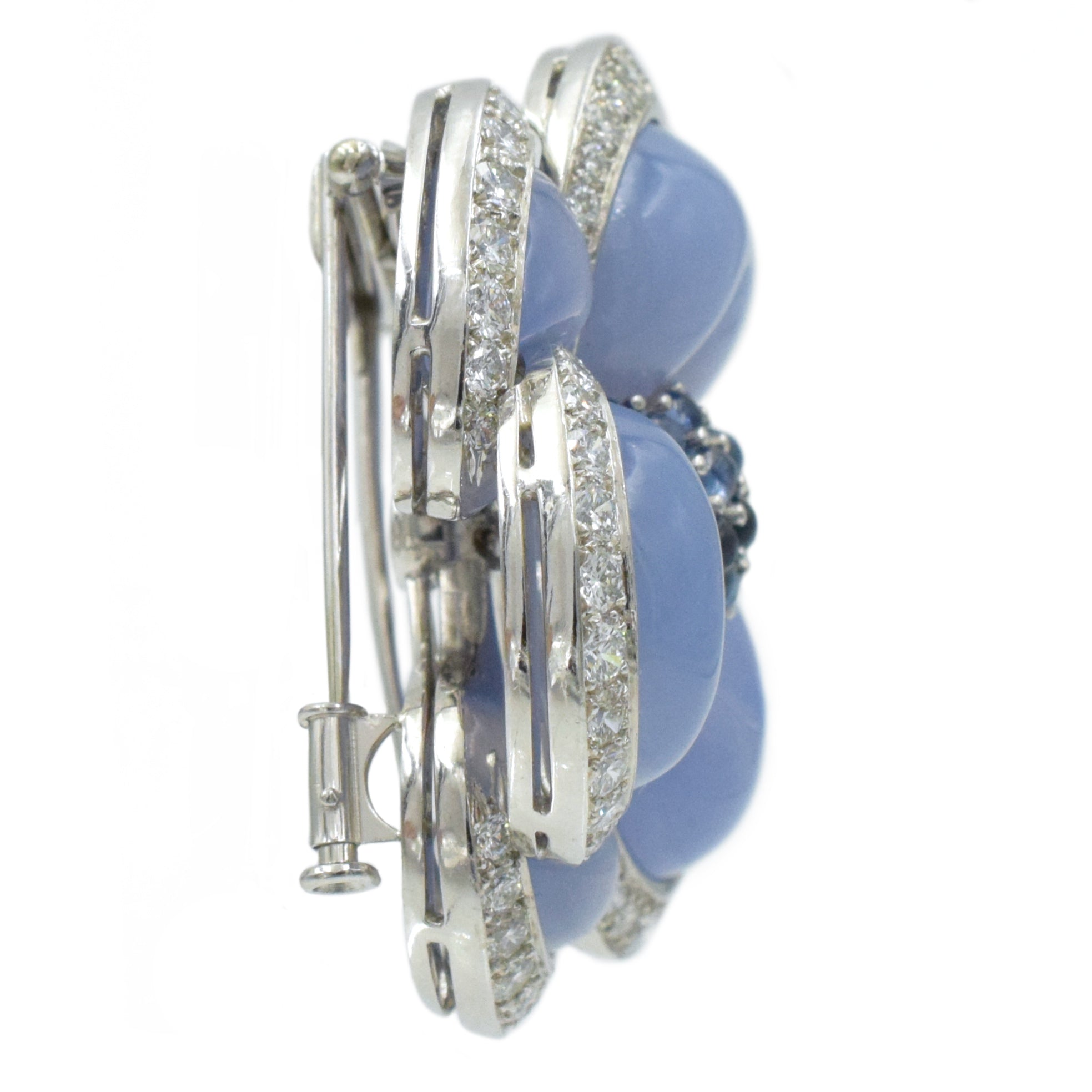 Van Cleef & Arpels Pair of Chalcedony, Sapphire & Diamond Gardenia Brooches In Platinum