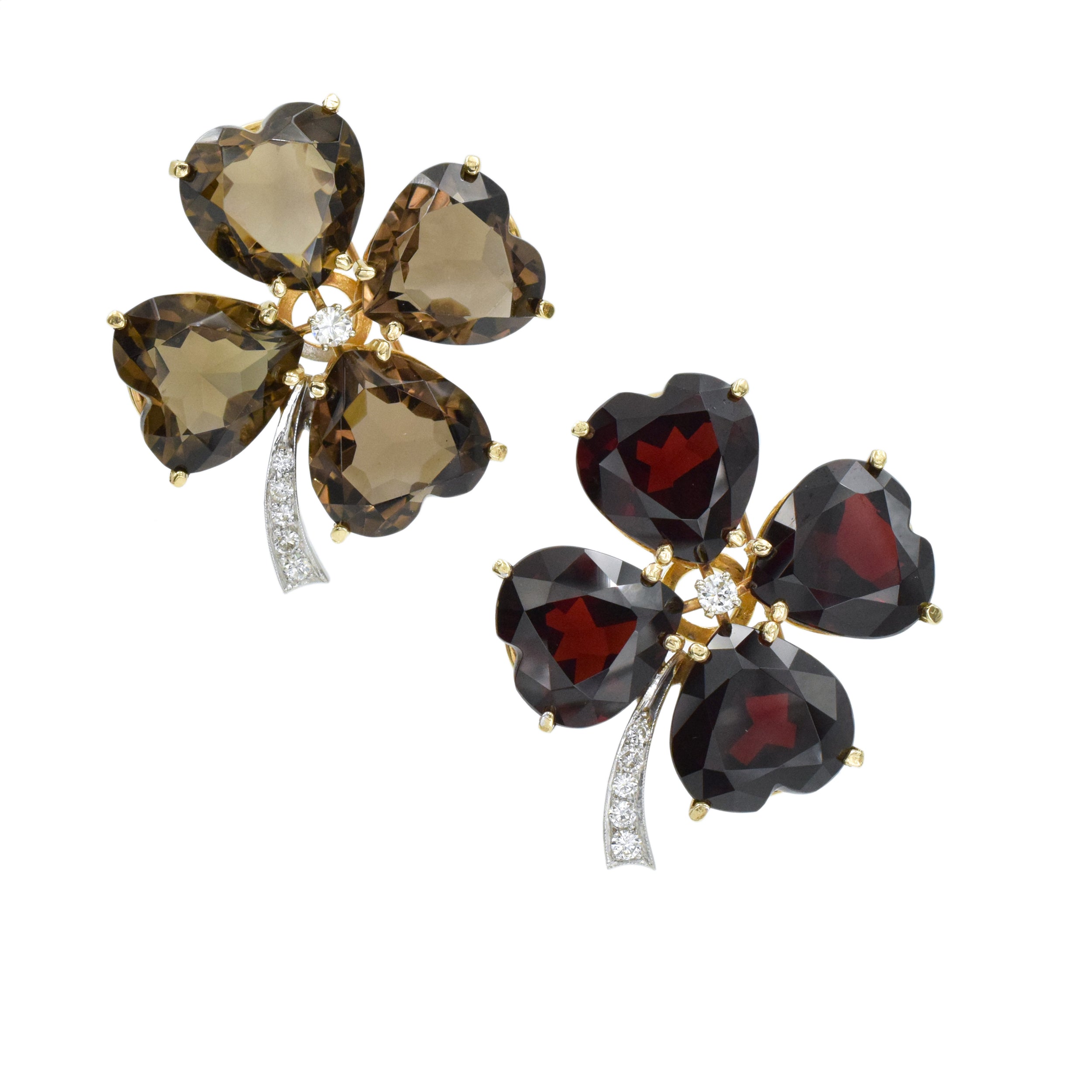 Set of Garnet, Smokey Topaz & Diamond Clover Brooches