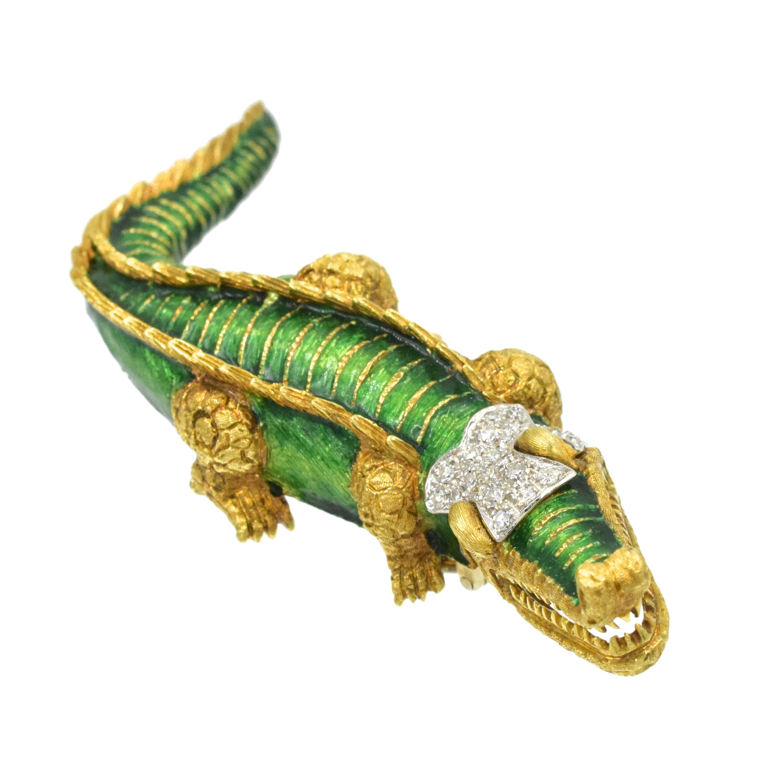 Diamond & Enamel Alligator Brooch In 18k Yellow Gold