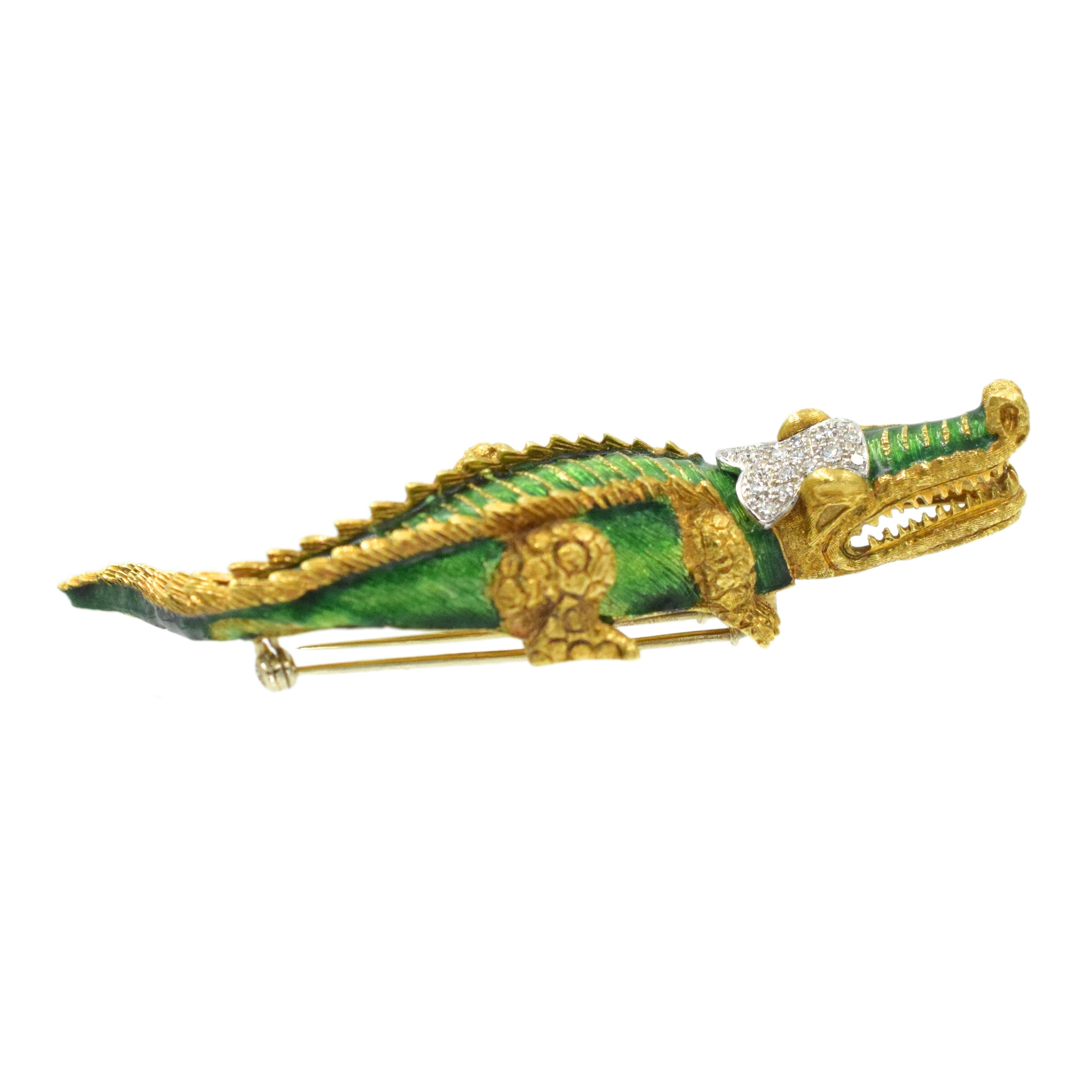 Diamond & Enamel Alligator Brooch In 18k Yellow Gold