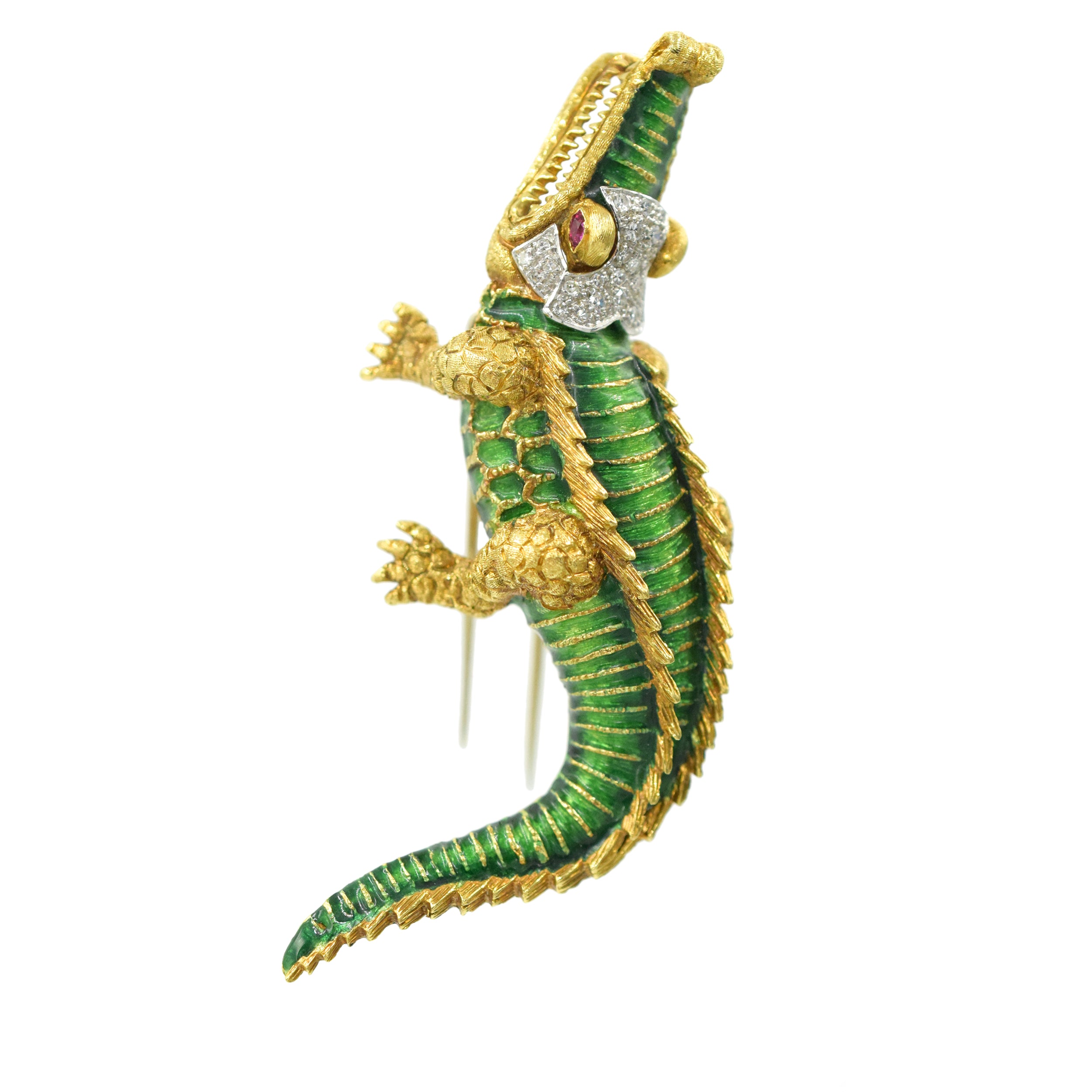 Diamond & Enamel Alligator Brooch In 18k Yellow Gold