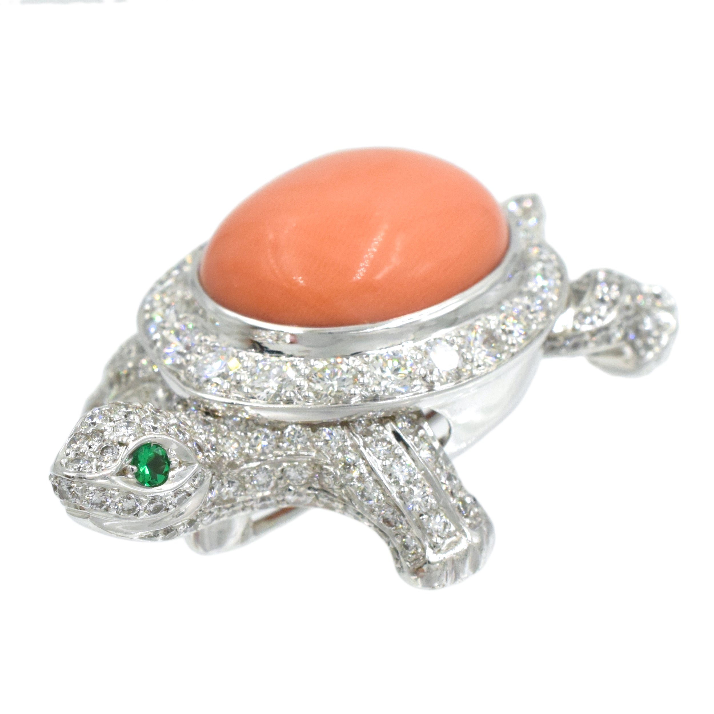 Cartier Coral, Diamond & Emerald Turtle Brooch In 18k White Gold