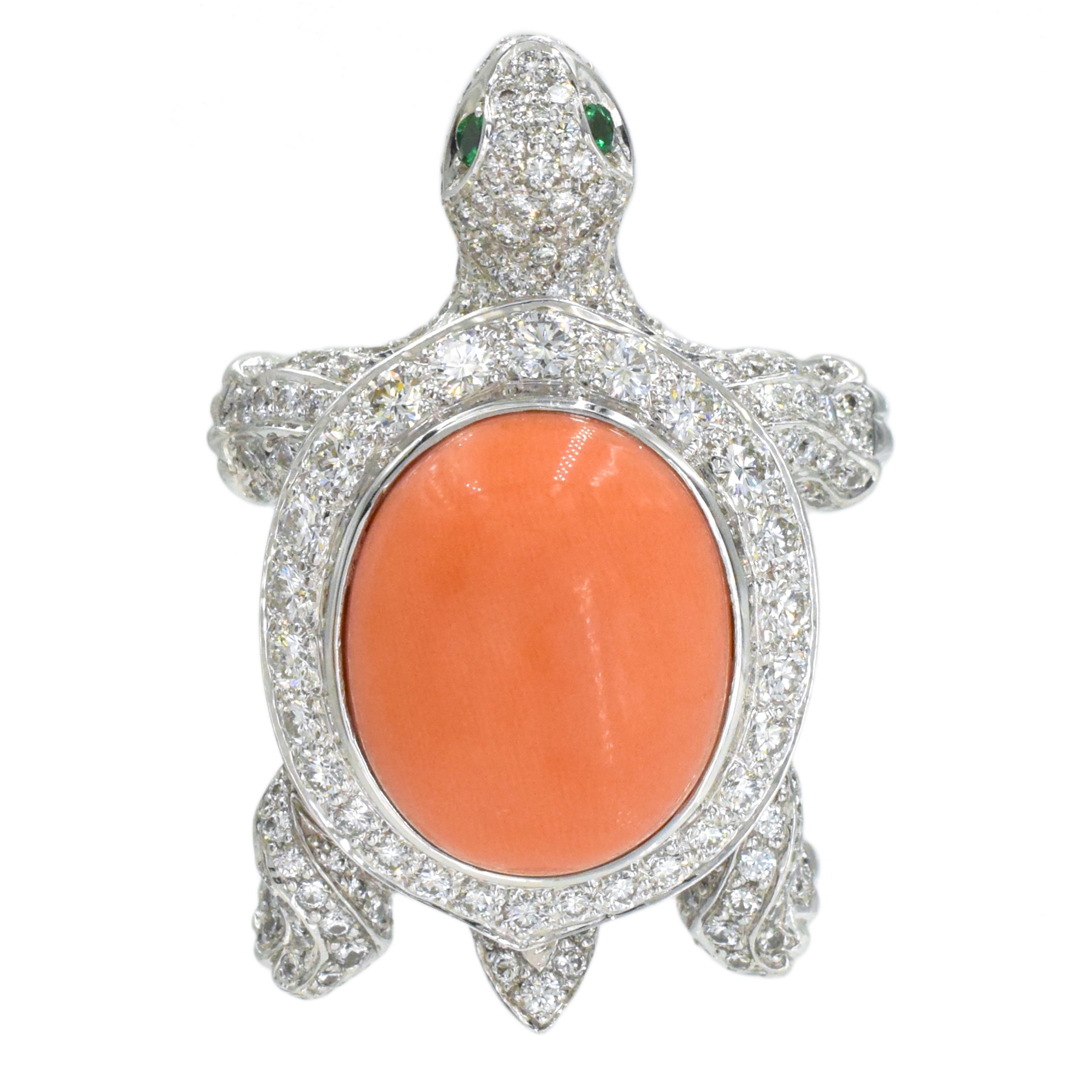Cartier Coral, Diamond & Emerald Turtle Brooch In 18k White Gold