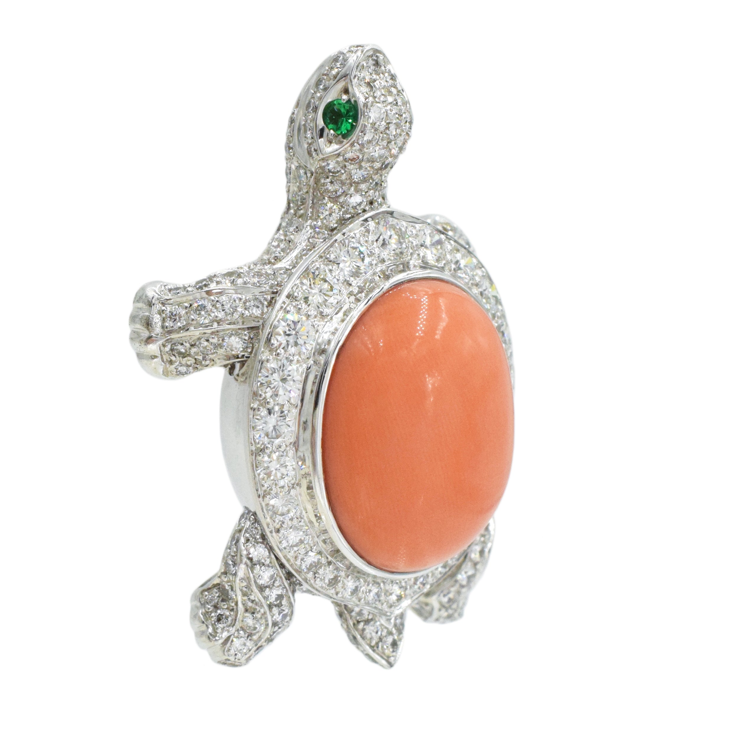 Cartier Coral, Diamond & Emerald Turtle Brooch In 18k White Gold