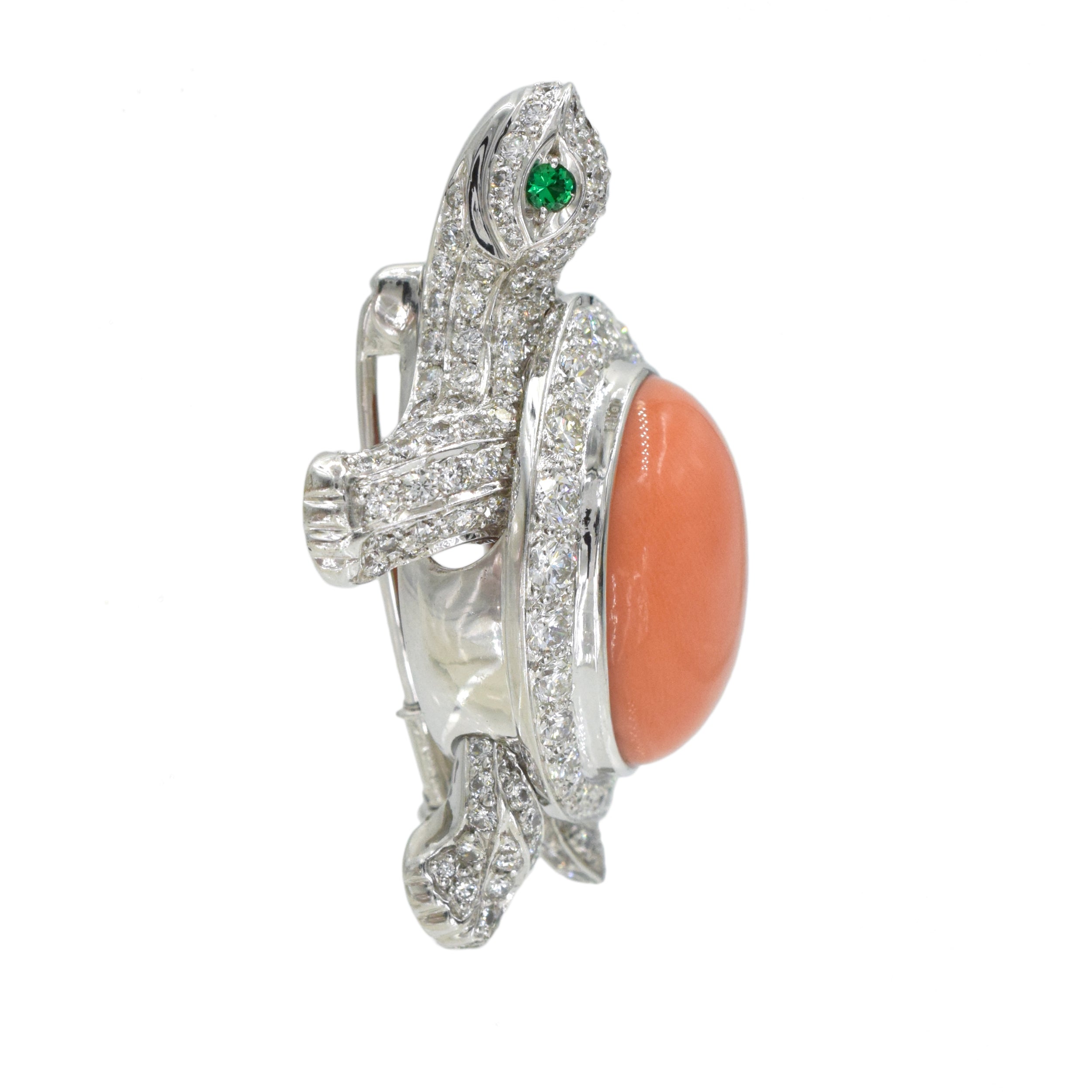 Cartier Coral, Diamond & Emerald Turtle Brooch In 18k White Gold