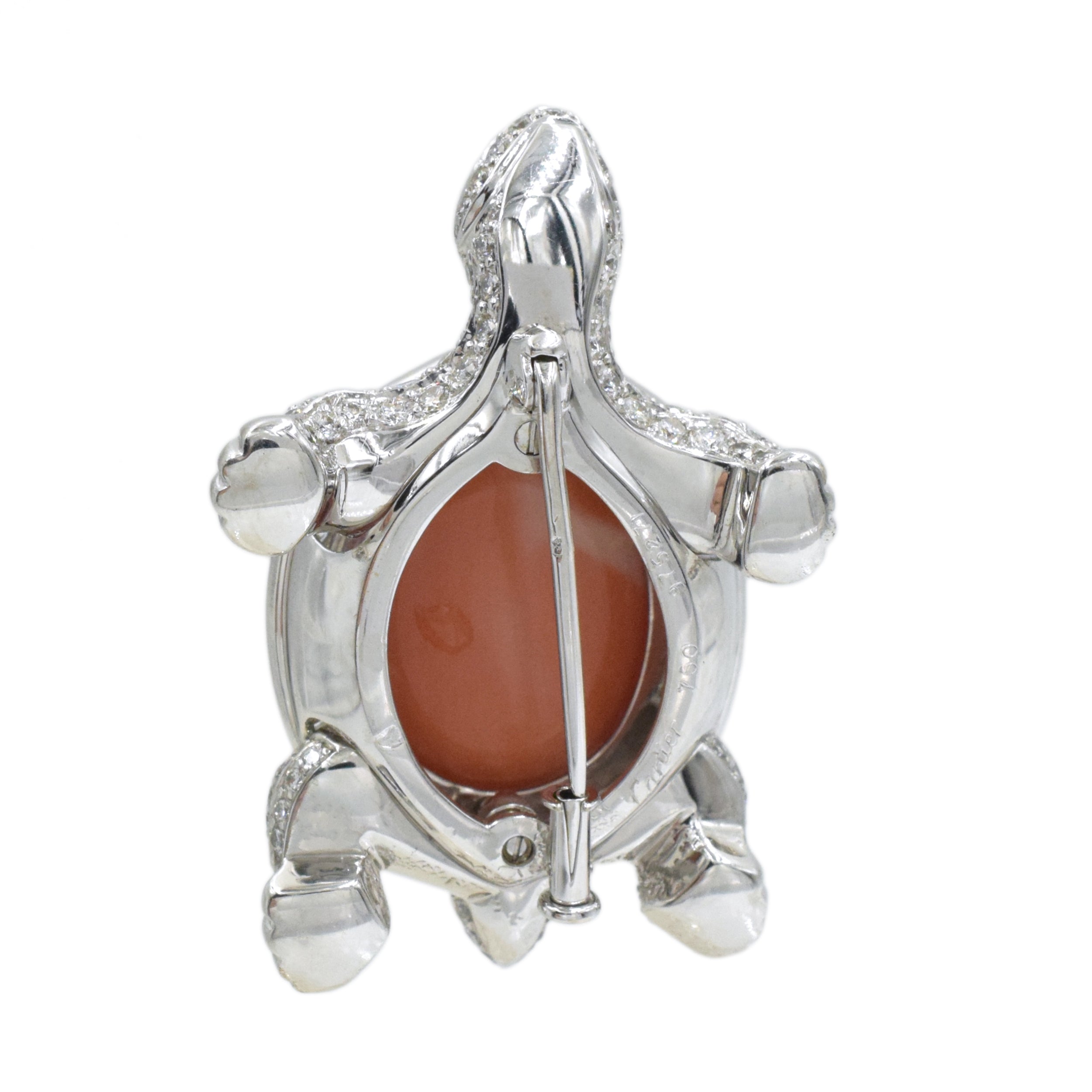 Cartier Coral, Diamond & Emerald Turtle Brooch In 18k White Gold