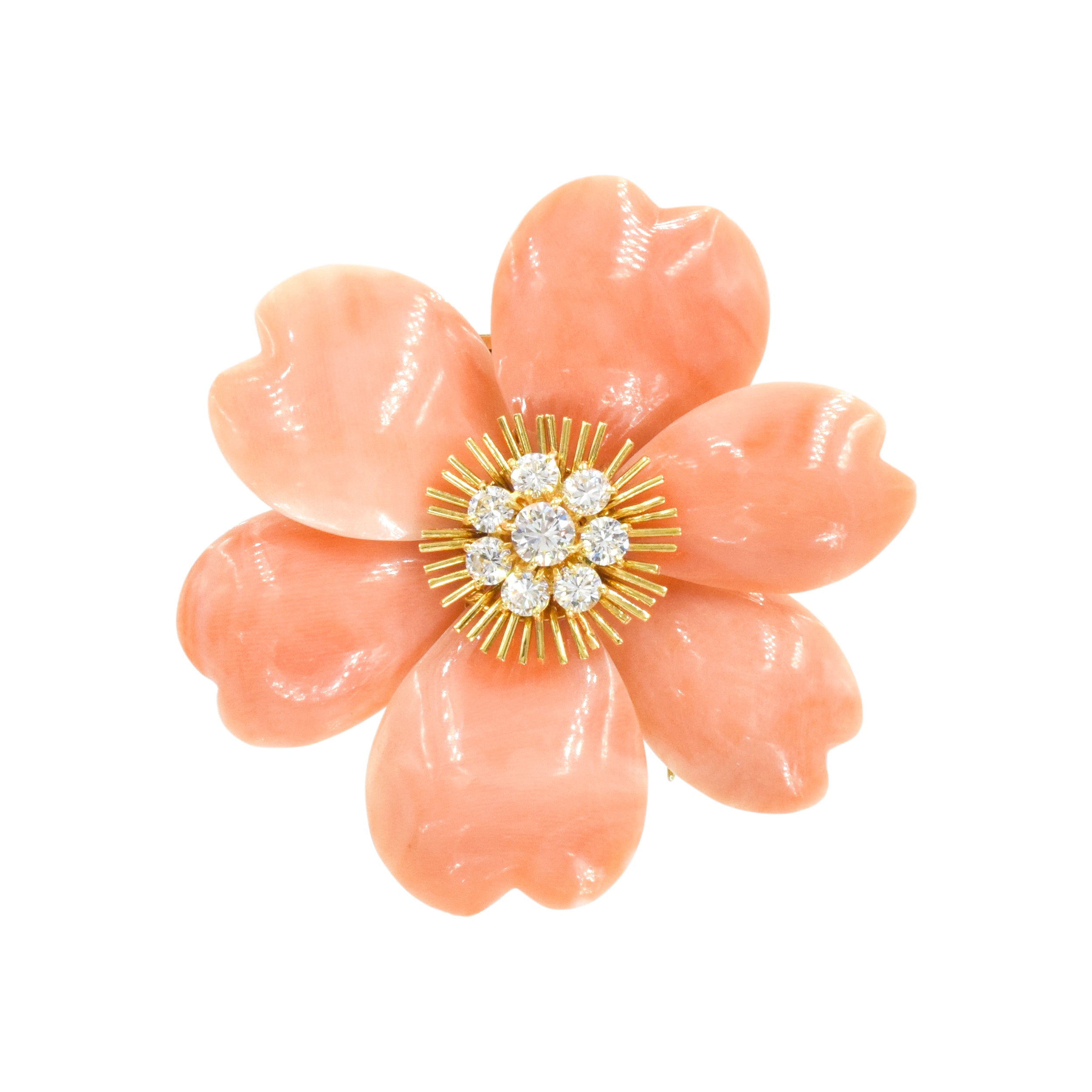 Van Cleef & Arpels Coral & Diamond 'Rose de Noel' Brooch In 18k Yellow Gold