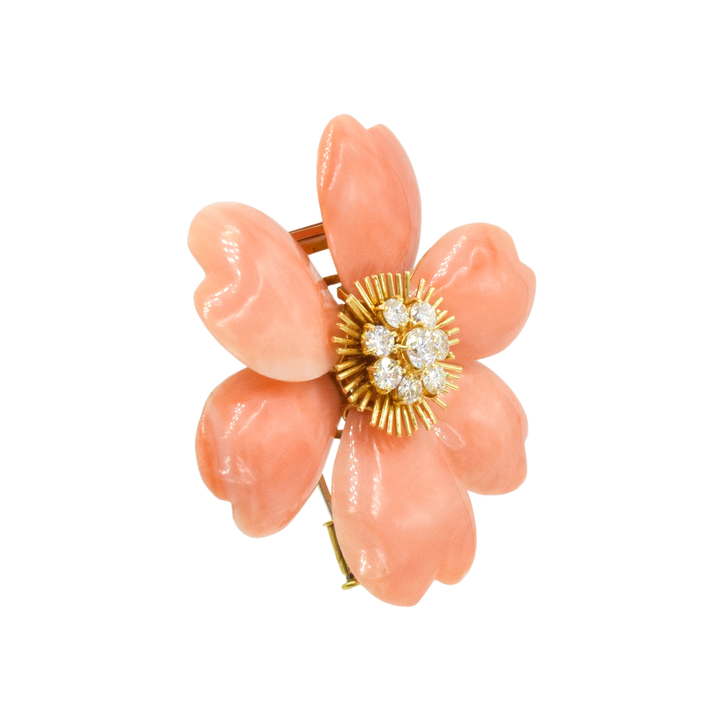 Van Cleef & Arpels Coral & Diamond 'Rose de Noel' Brooch In 18k Yellow Gold