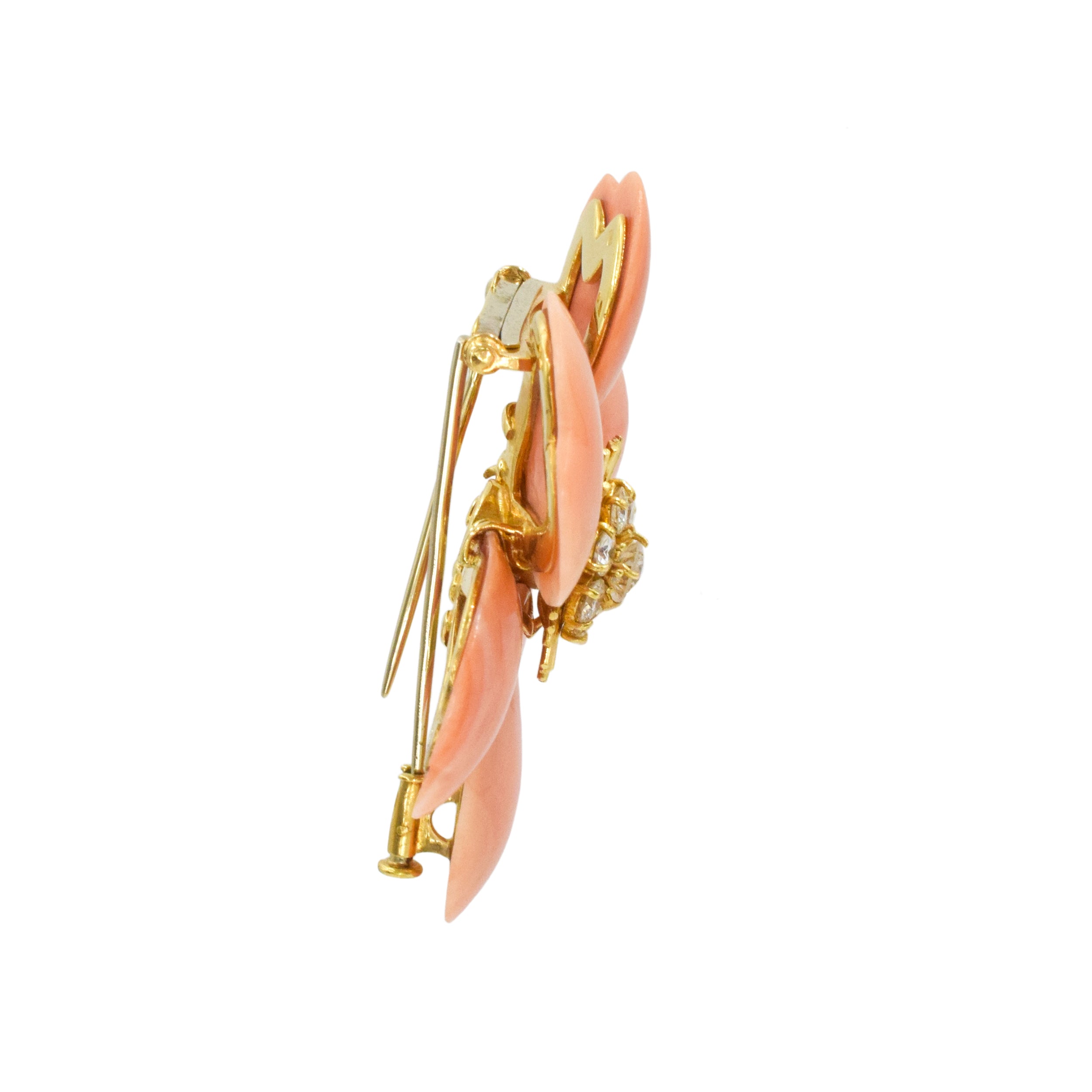 Van Cleef & Arpels Coral & Diamond 'Rose de Noel' Brooch In 18k Yellow Gold