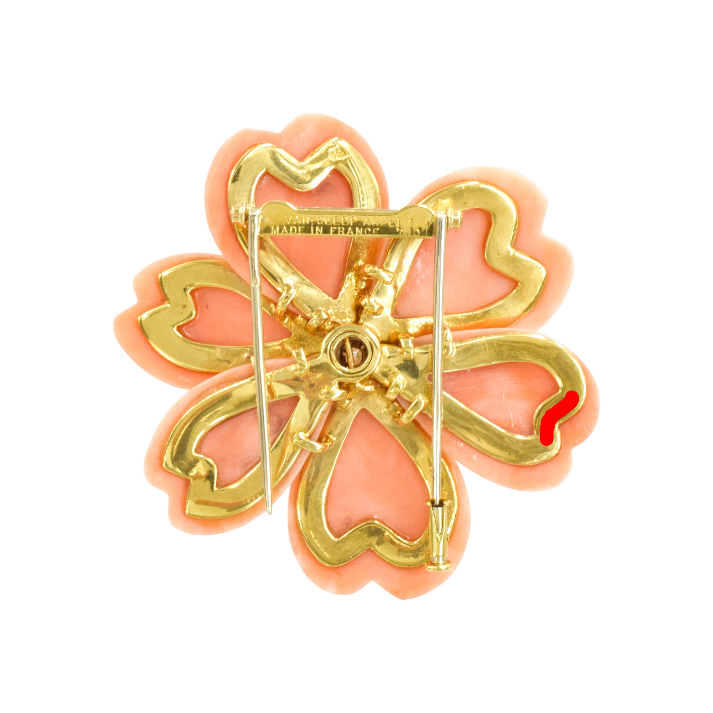 Van Cleef & Arpels Coral & Diamond 'Rose de Noel' Brooch In 18k Yellow Gold