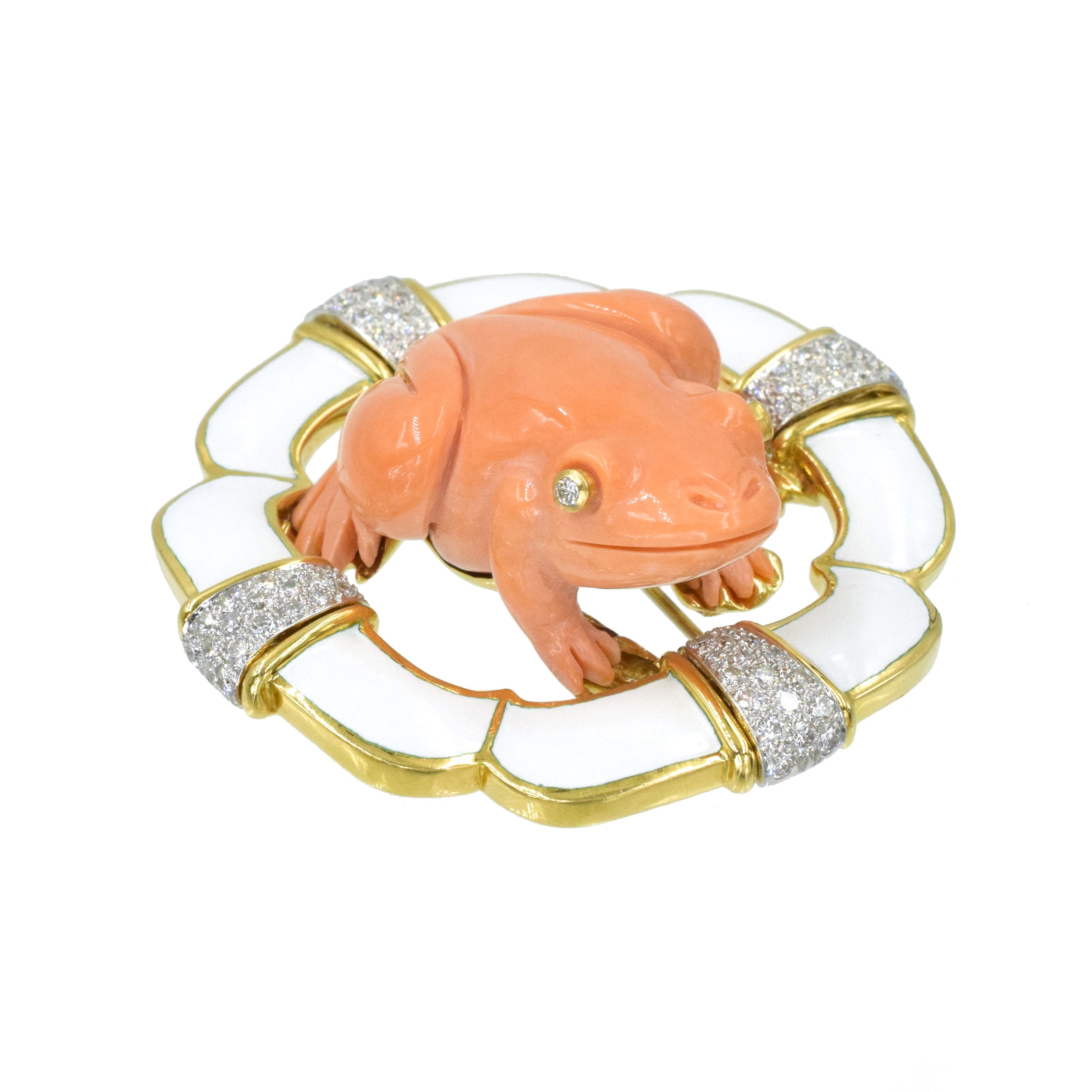 David Webb Coral, Diamond & White Enamel Frog Brooch In Platinum & Gold