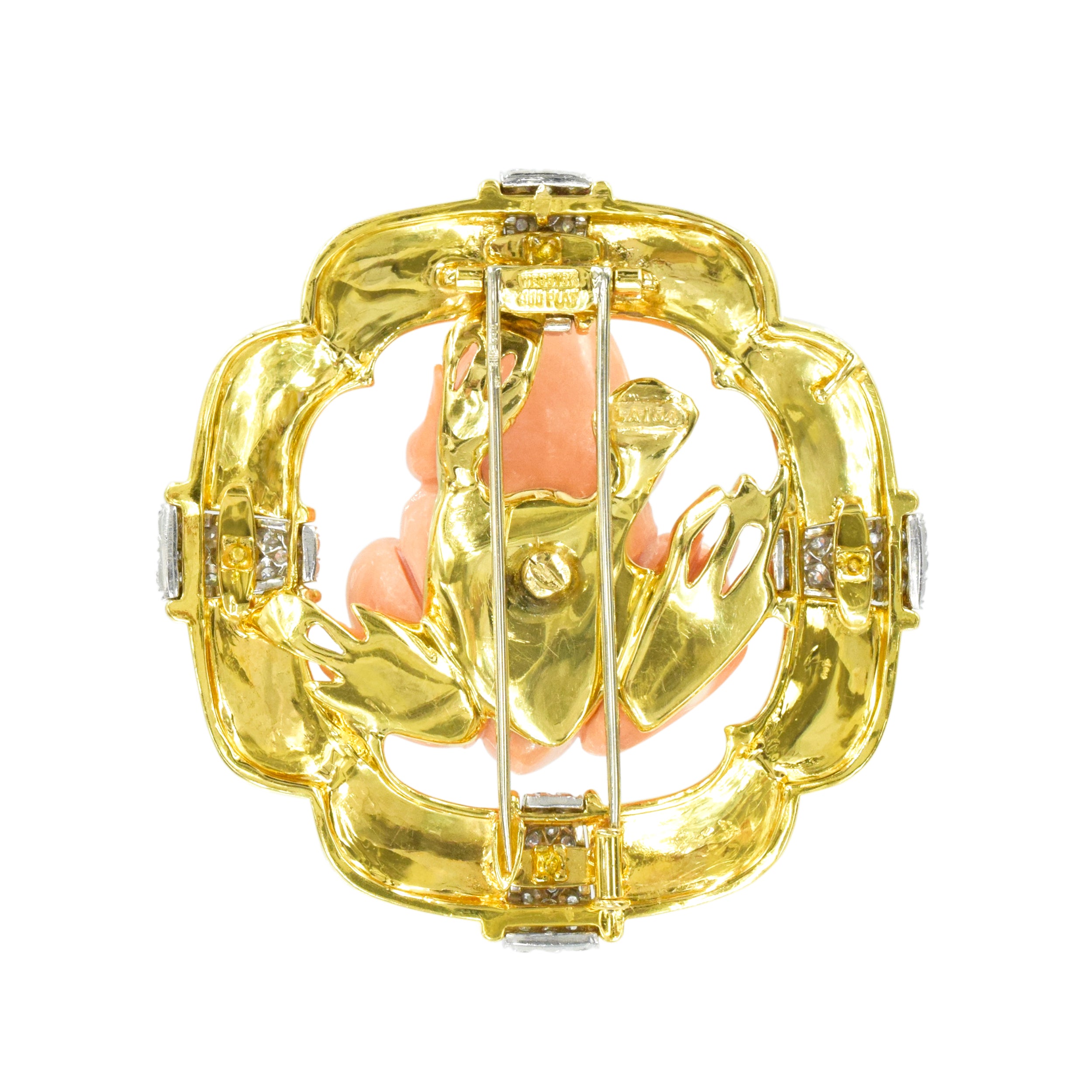 David Webb Coral, Diamond & White Enamel Frog Brooch In Platinum & Gold