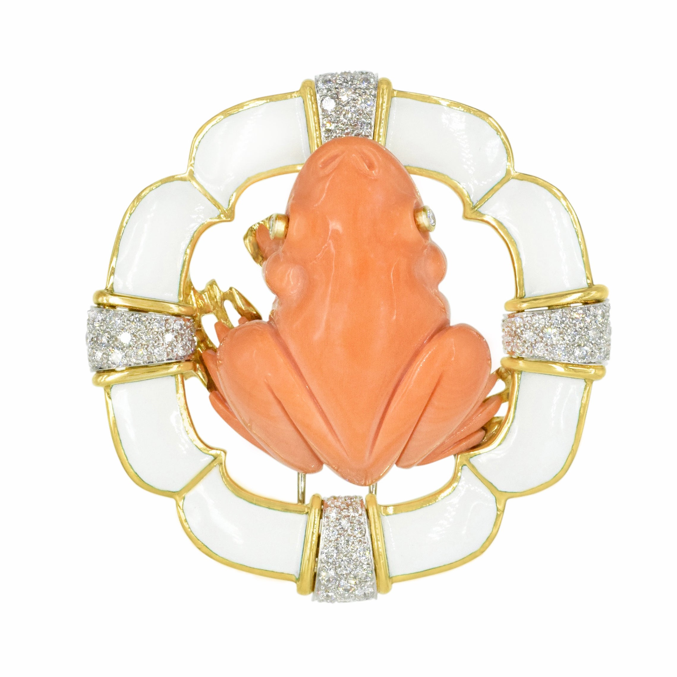 David Webb Coral, Diamond & White Enamel Frog Brooch In Platinum & Gold