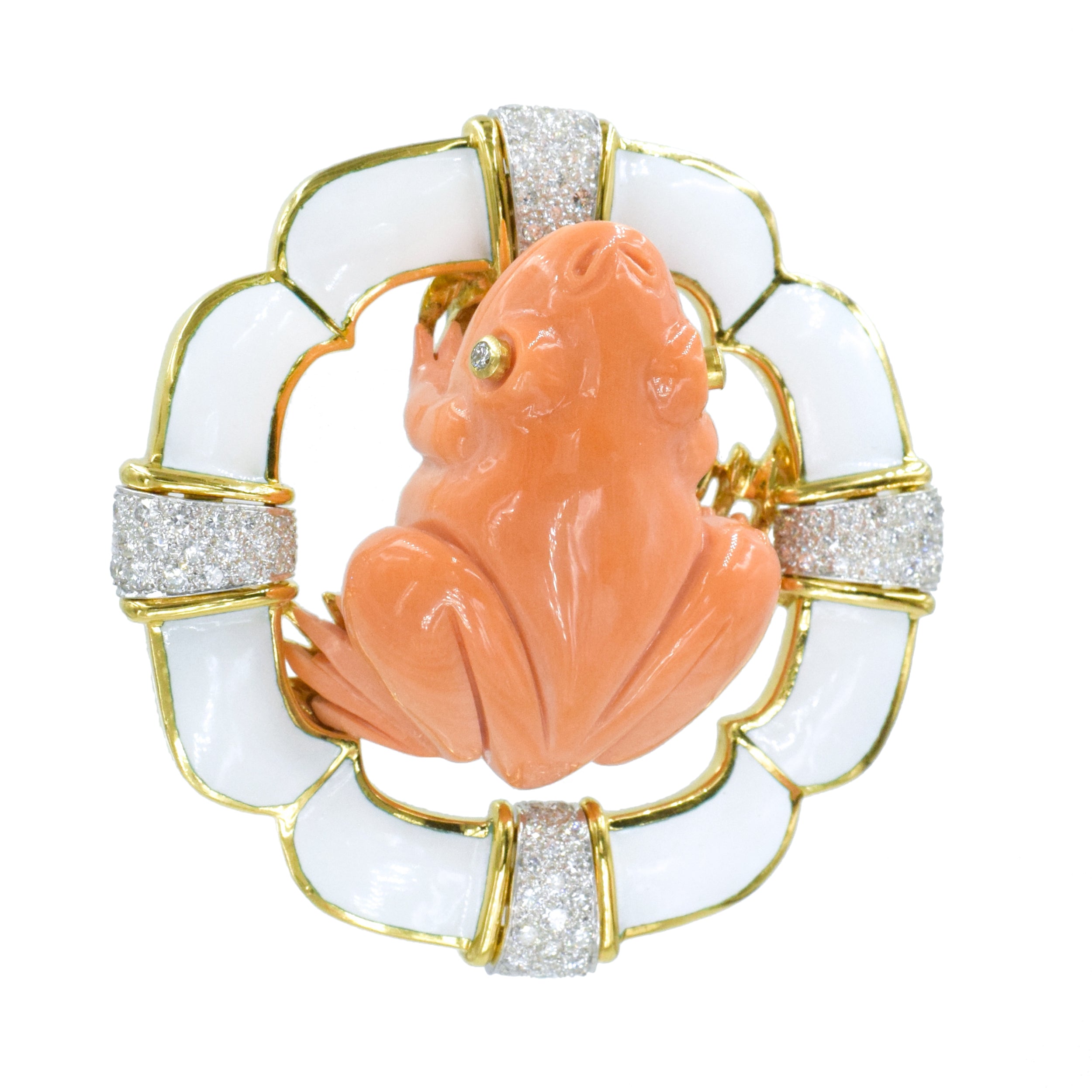David Webb Coral, Diamond & White Enamel Frog Brooch In Platinum & Gold