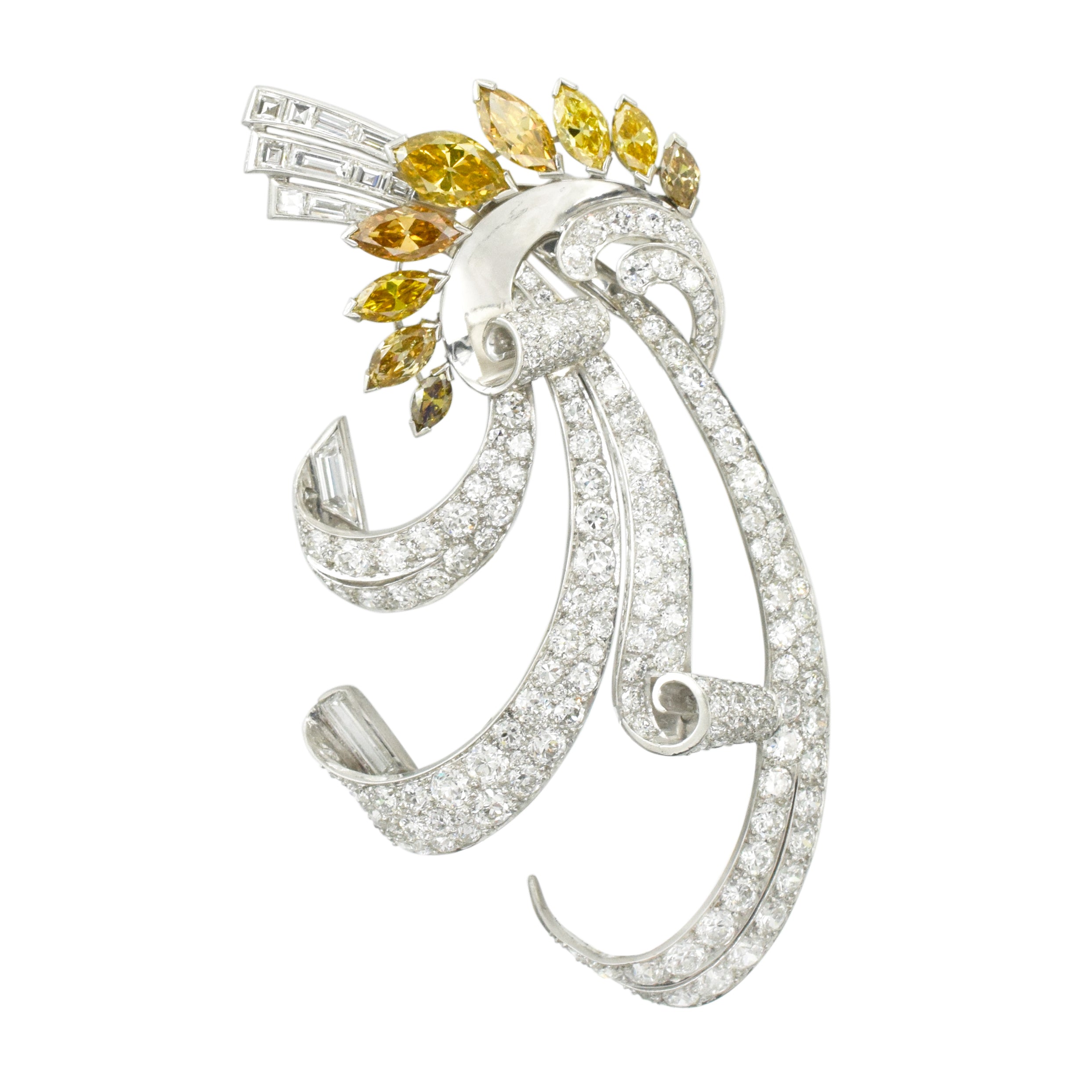 1940's 14.05ct White And Color Diamond Brooch & Lapel Pin In Platinum
