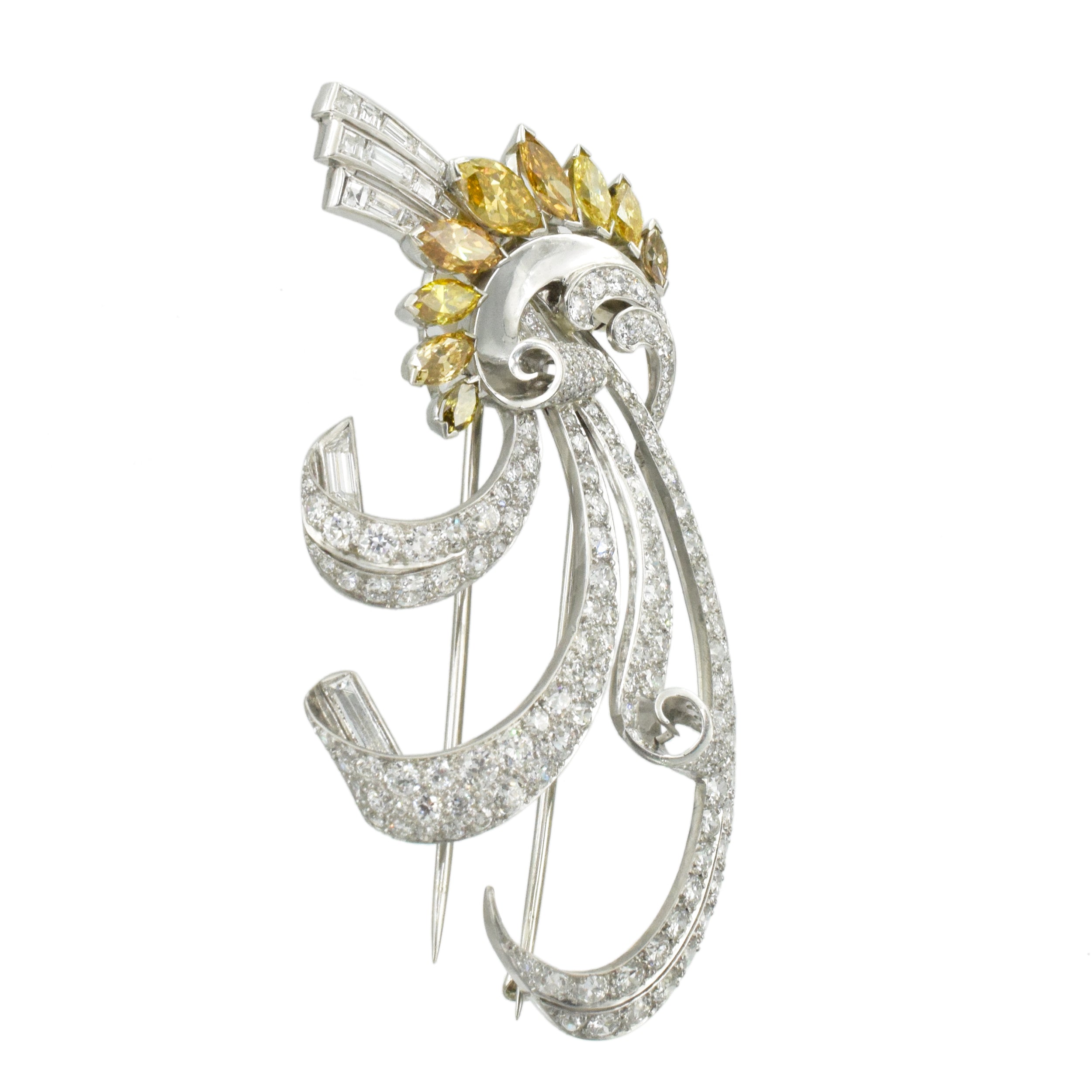 1940's 14.05ct White And Color Diamond Brooch & Lapel Pin In Platinum