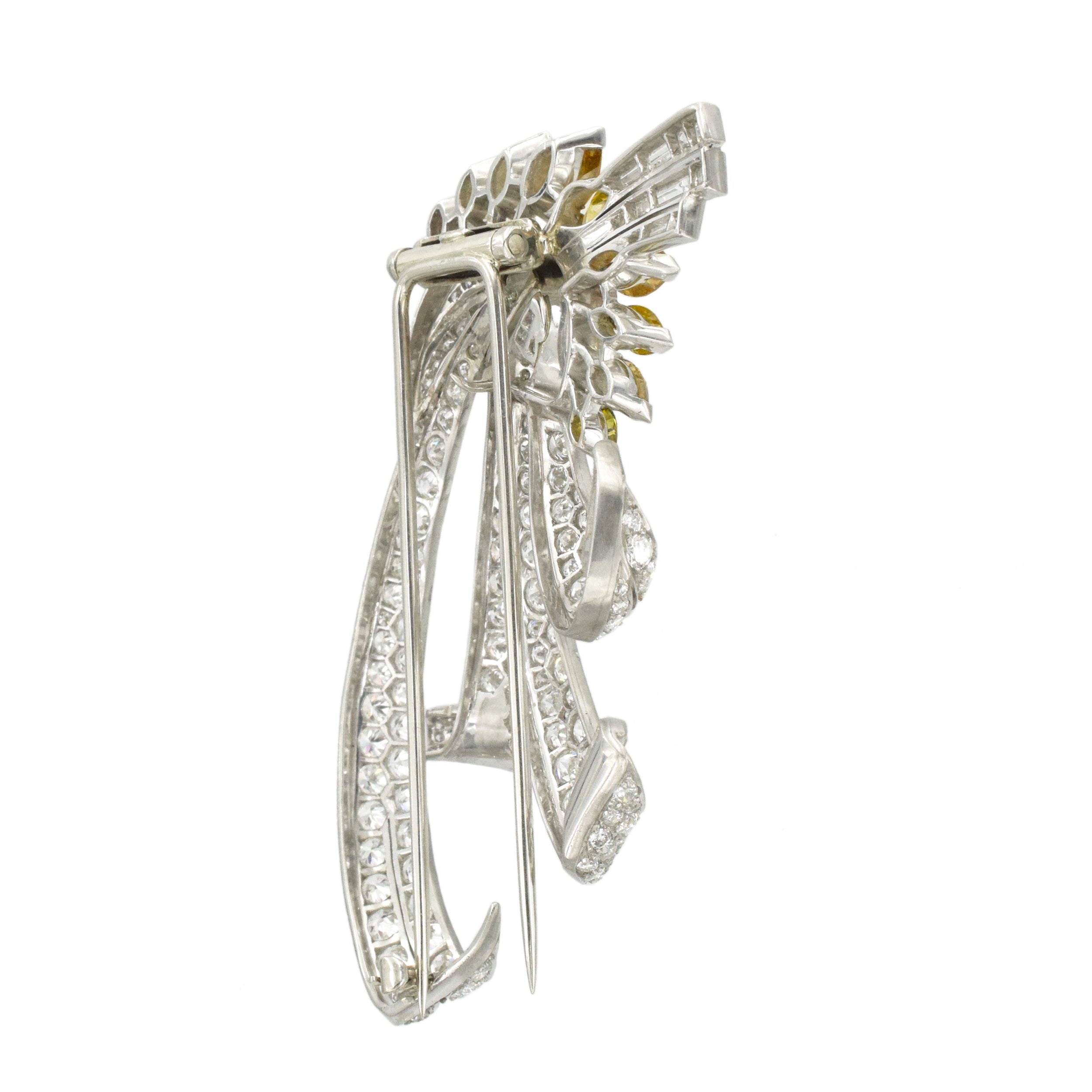 1940's 14.05ct White And Color Diamond Brooch & Lapel Pin In Platinum