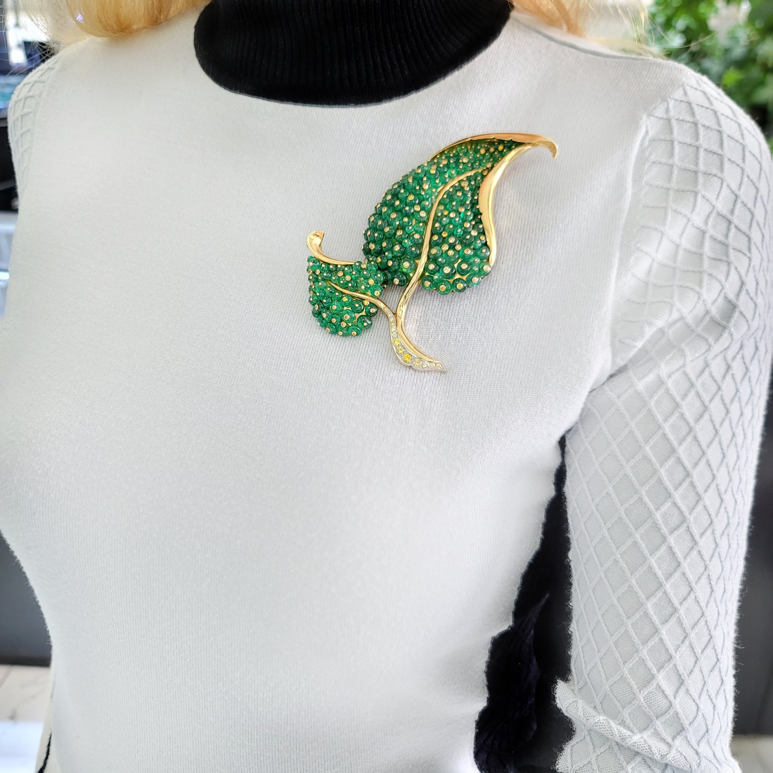 Substantial Emerald & Yellow Diamond Leaf Brooch In 18k Yellow Gold