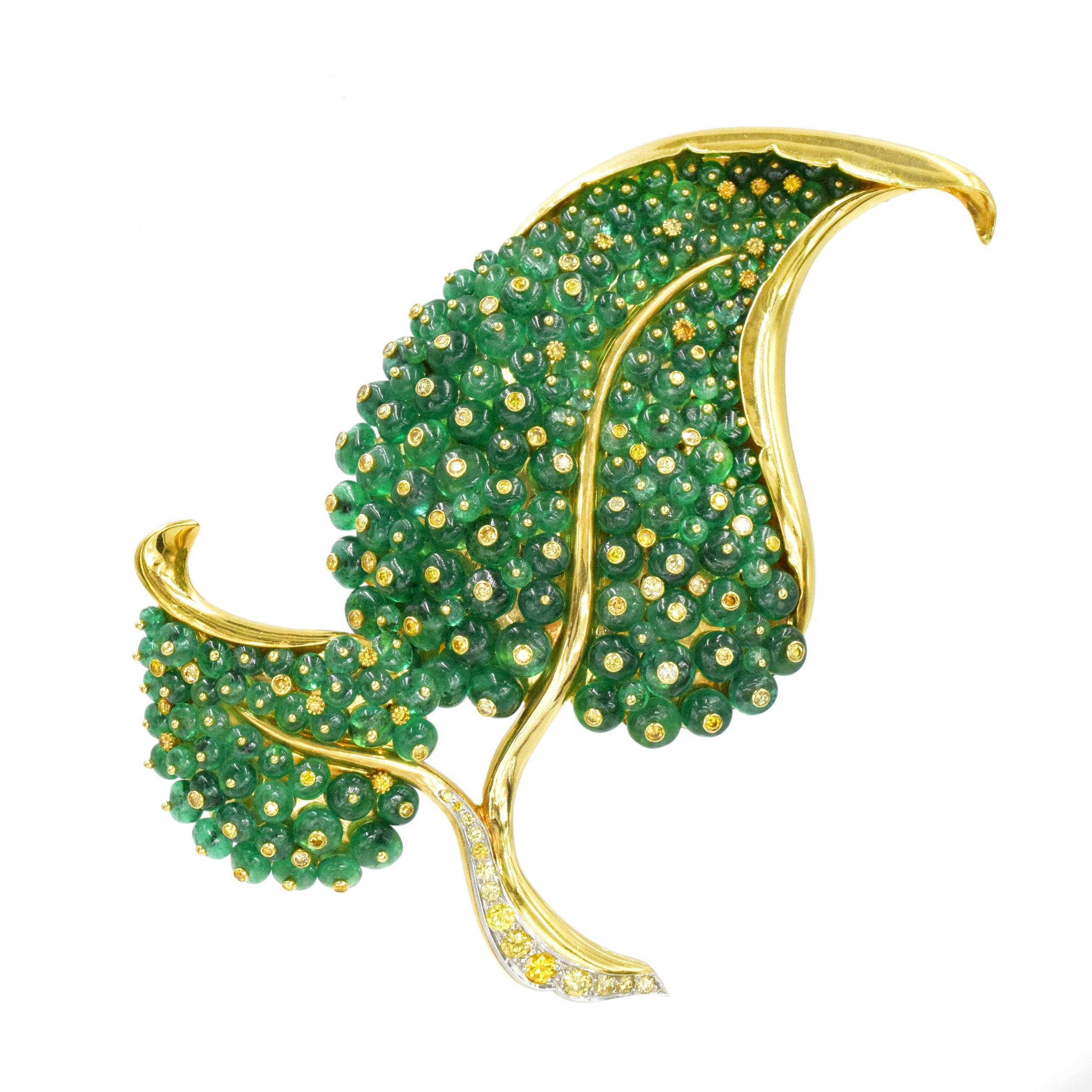 Substantial Emerald & Yellow Diamond Leaf Brooch In 18k Yellow Gold