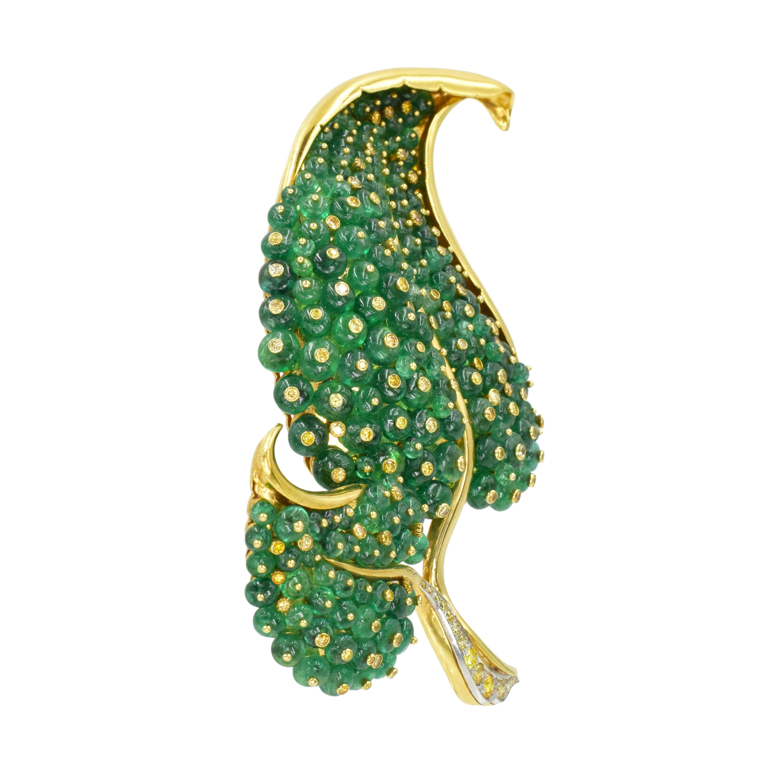 Substantial Emerald & Yellow Diamond Leaf Brooch In 18k Yellow Gold