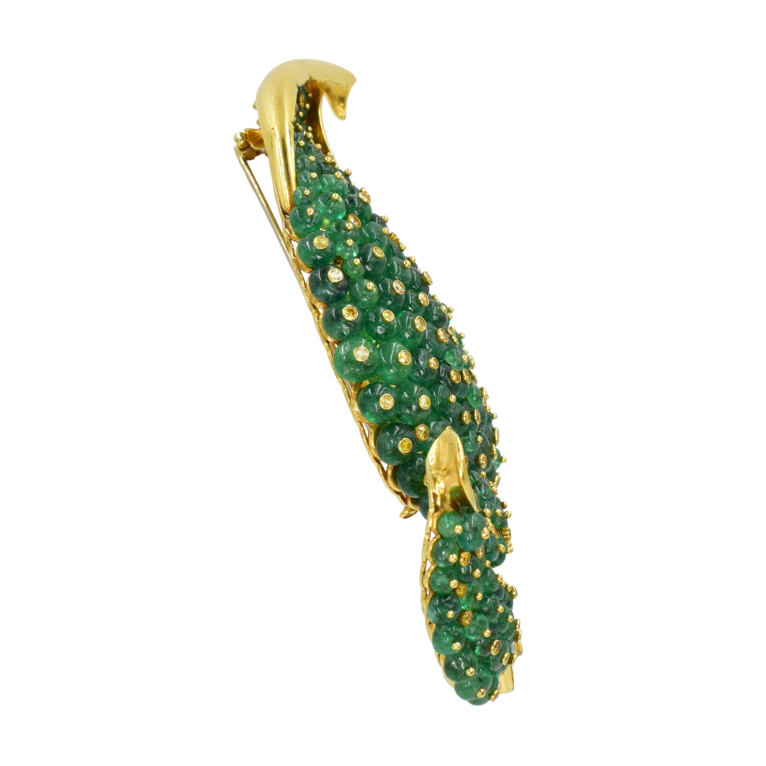 Substantial Emerald & Yellow Diamond Leaf Brooch In 18k Yellow Gold
