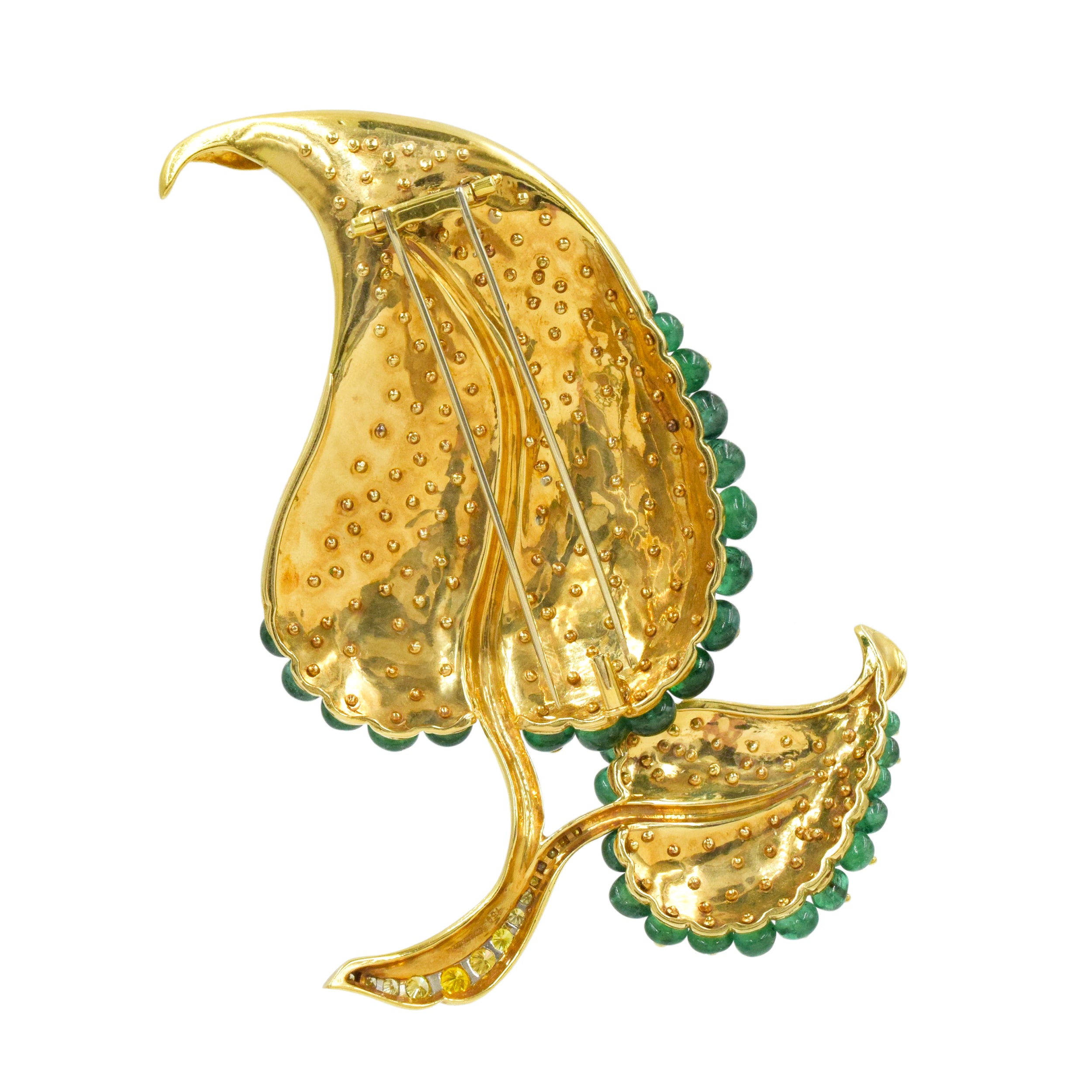 Substantial Emerald & Yellow Diamond Leaf Brooch In 18k Yellow Gold