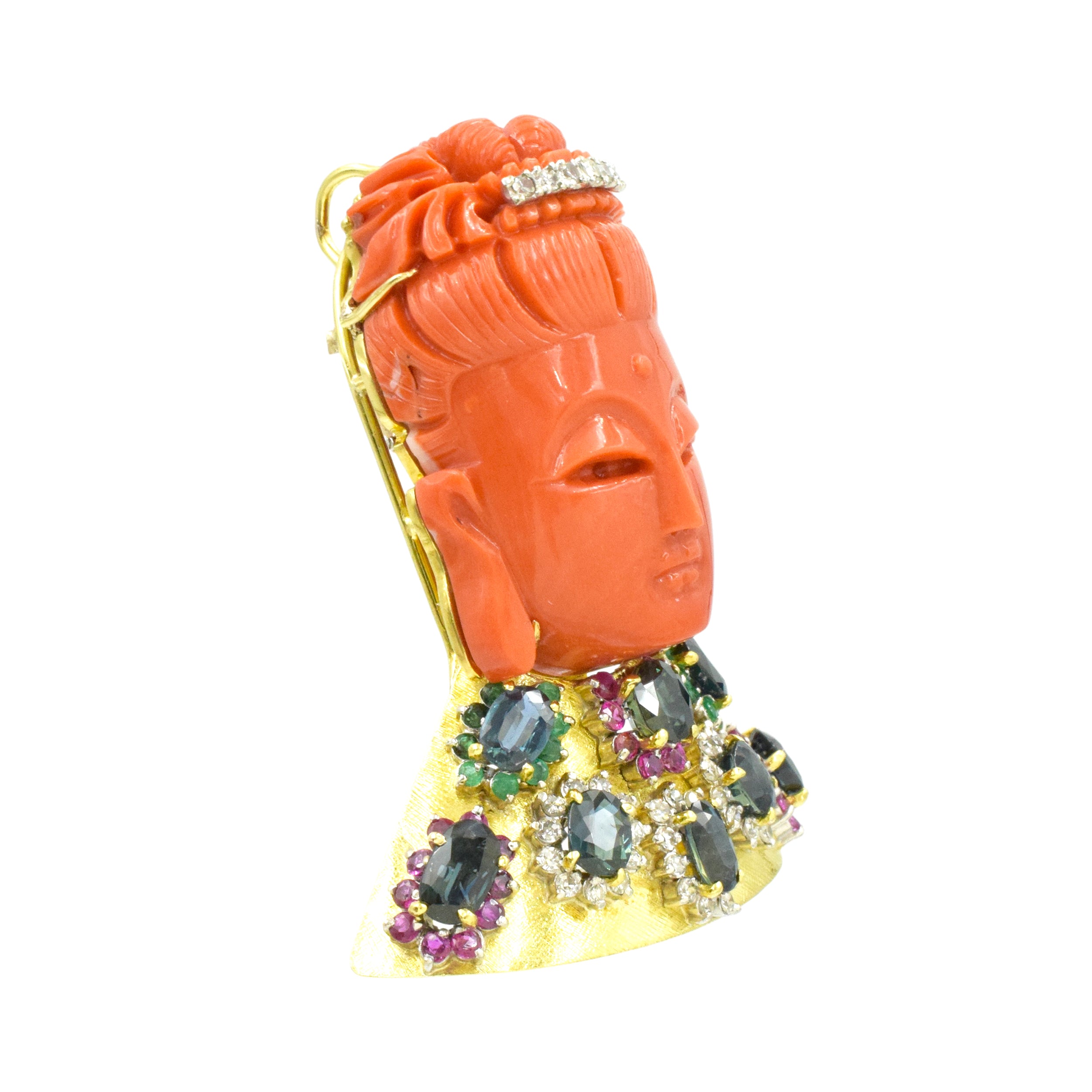 Carved Coral & Gemstone Buddha Brooch & Pendant