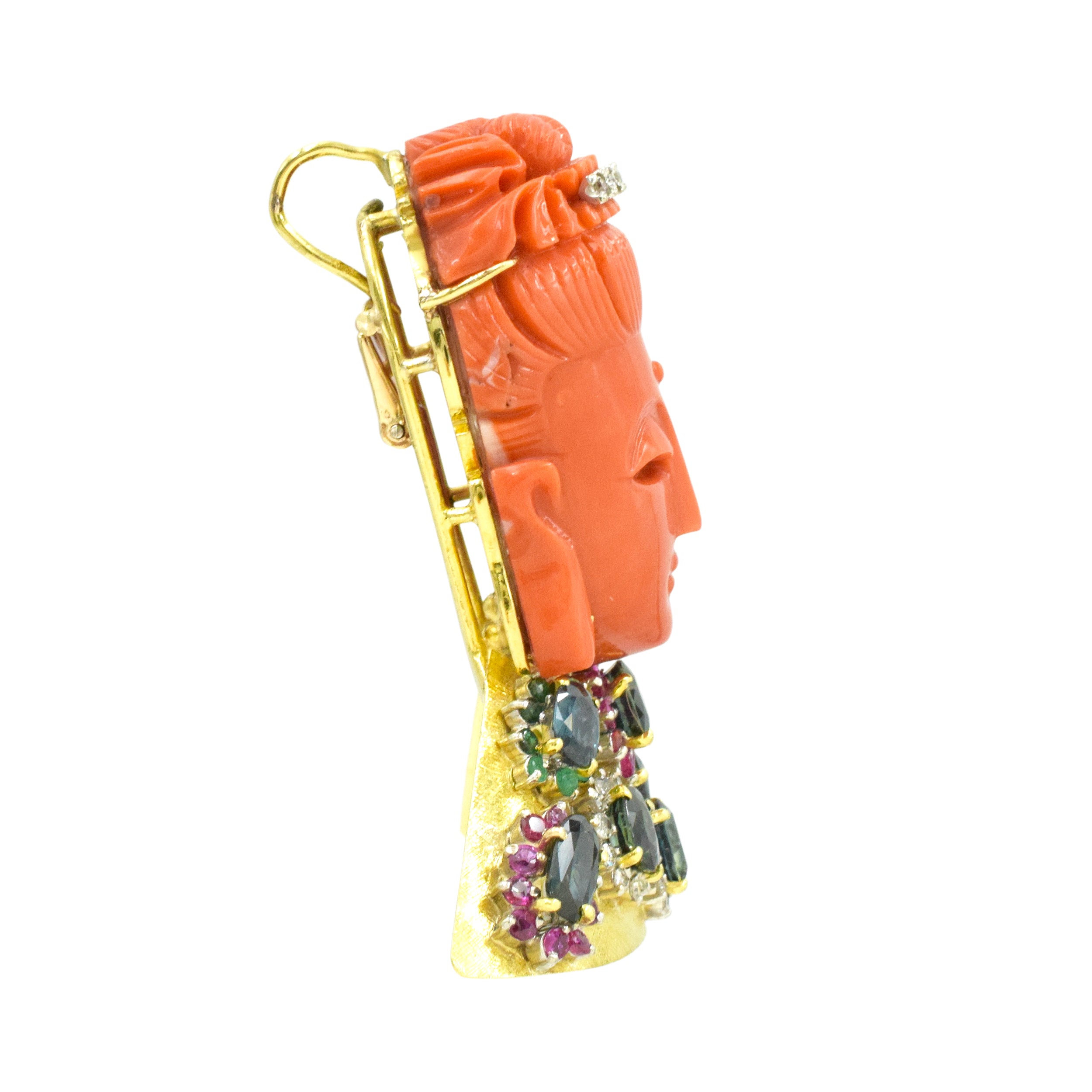 Carved Coral & Gemstone Buddha Brooch & Pendant
