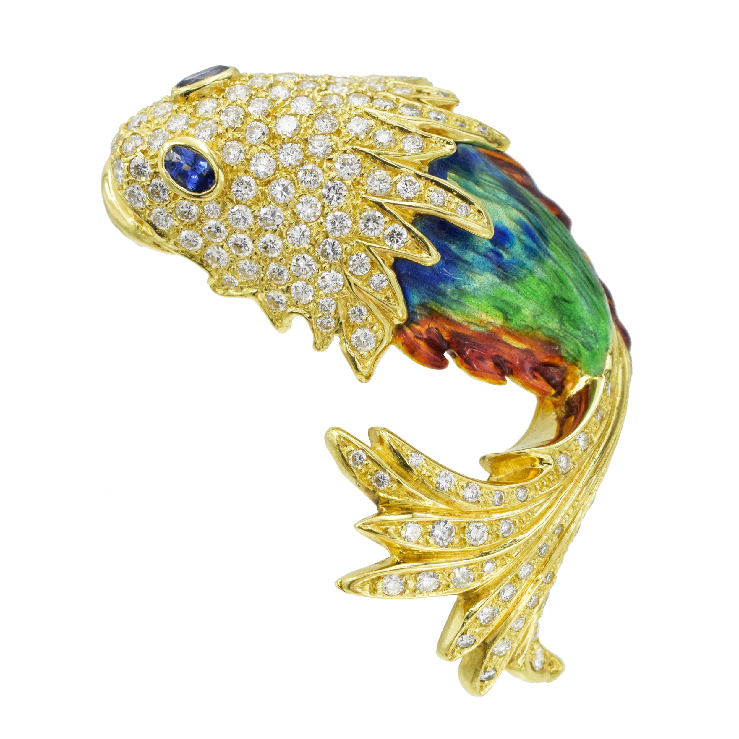 Cartier Diamond, Sapphire & Colorful Enamel Fish Brooch