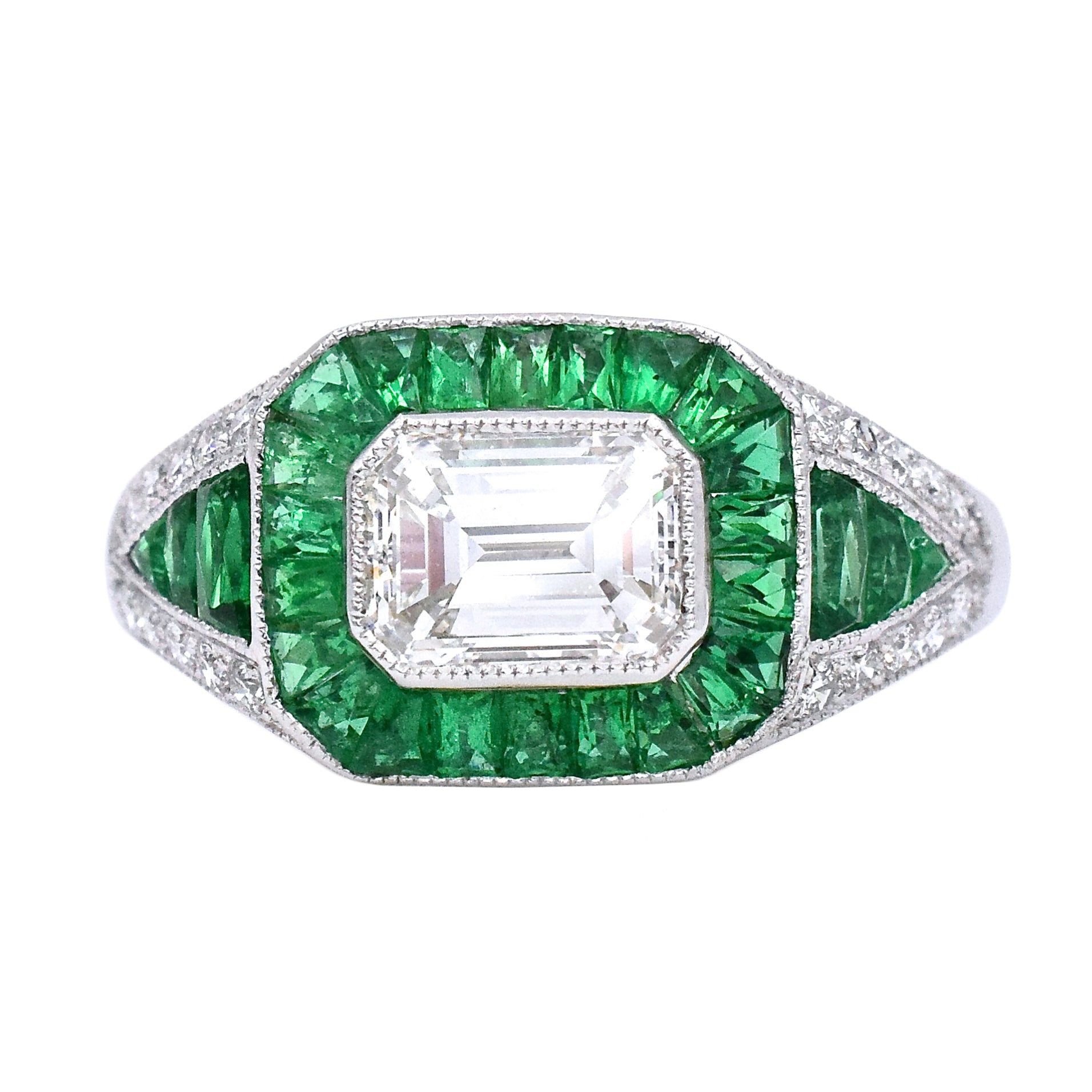 Art Deco Style Diamond & Emerald Engagement Ring in Platinum