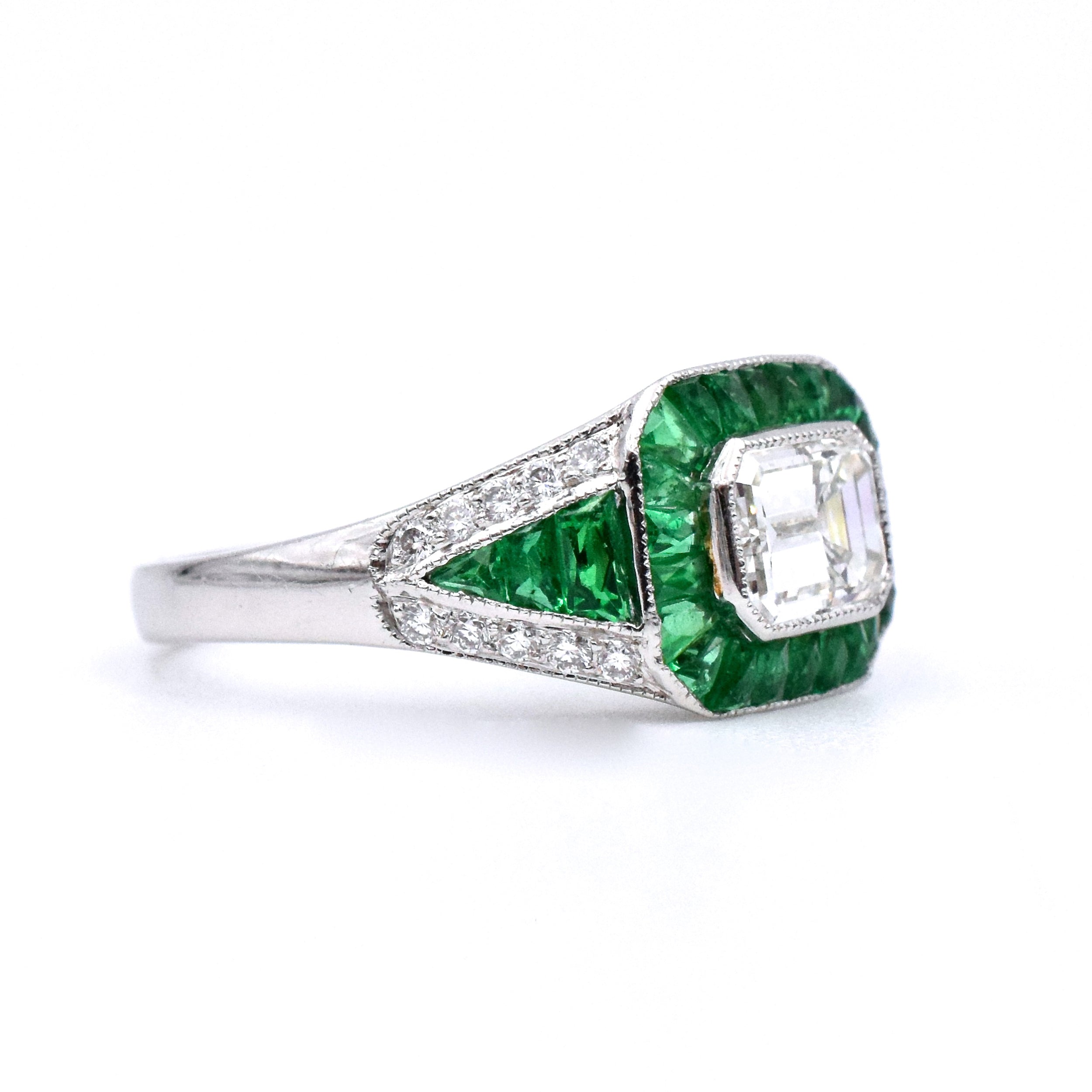 Art Deco Style Diamond & Emerald Engagement Ring in Platinum